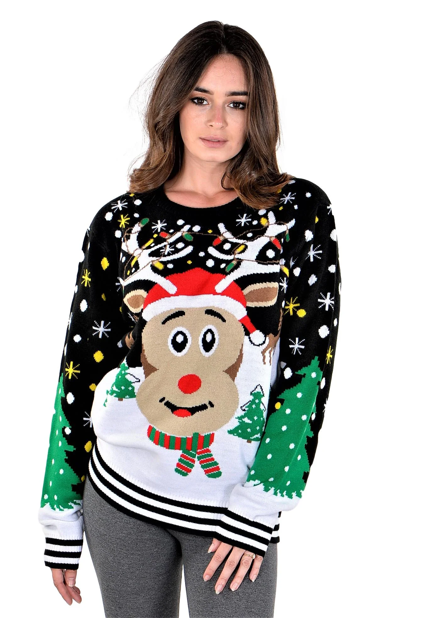 SoCal Look Women's Ugly Christmas Sweaters Rudolph The Red Nose Small Black