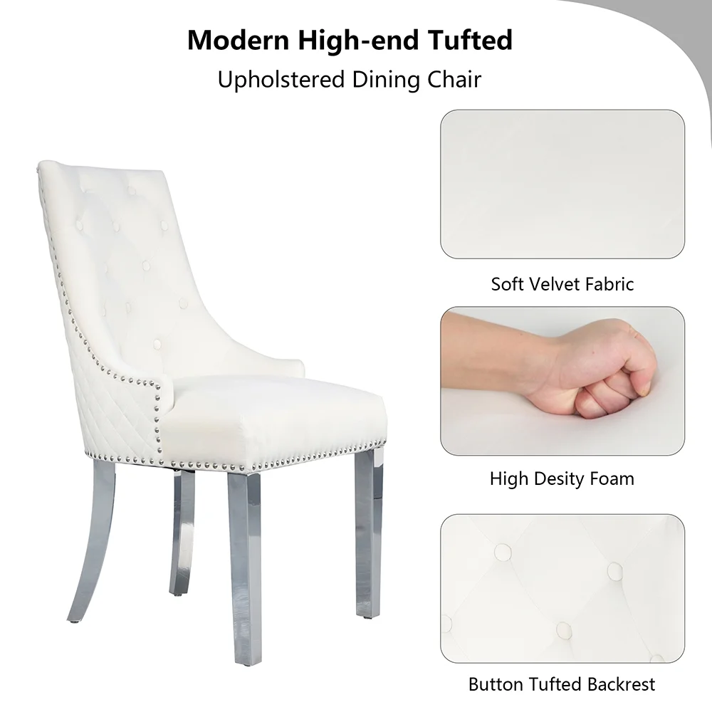 HUTWIFE Velvet Upholstered Dining Chairs Set of 2, Modern Button Tufted Chairs with Lion Head Pull Ring and Stainless Steel Legs for Living Room Kitchen