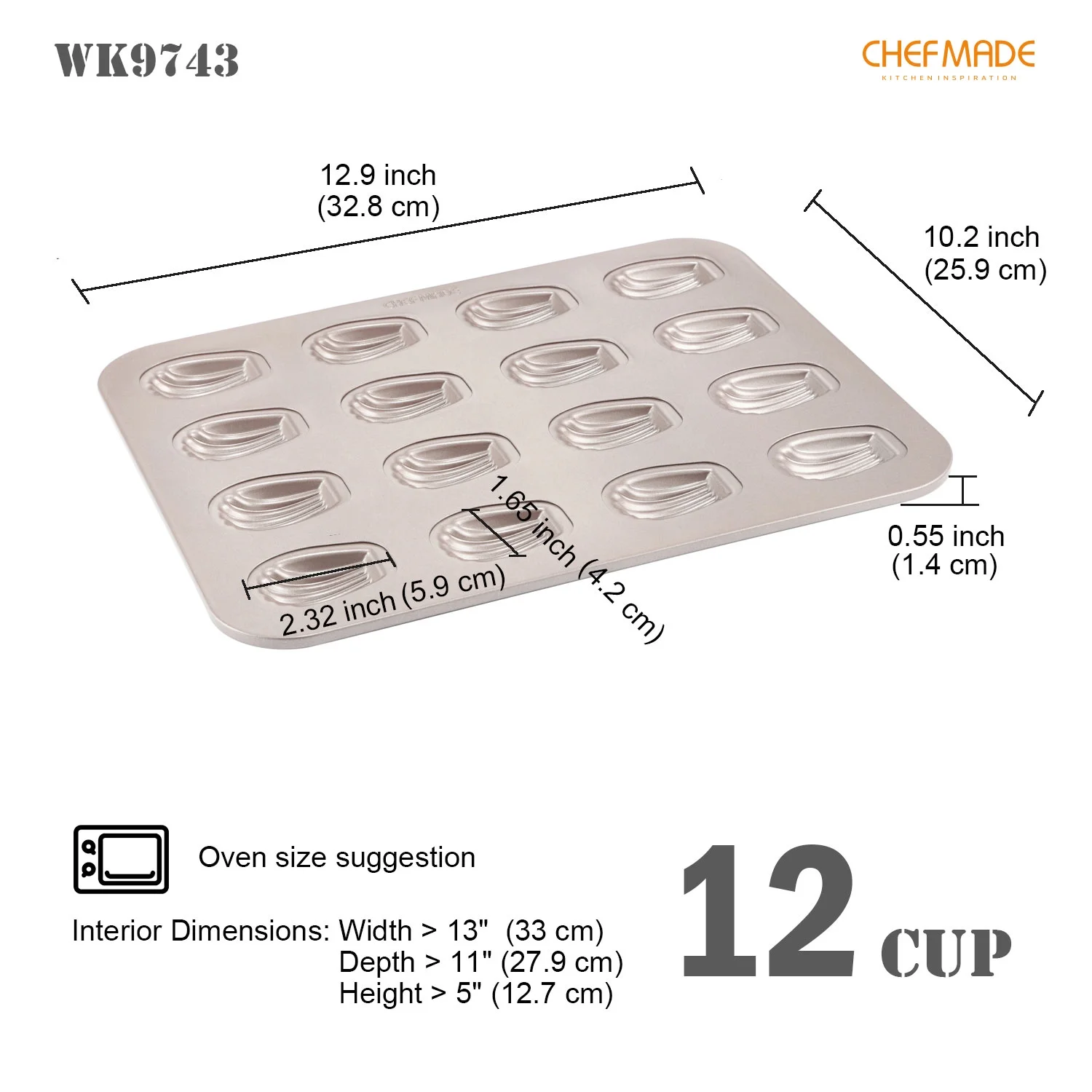 CHEFMADE Mini Madeleine Mold Cake Pan, 16-Cavity Non-Stick Tiny Oval Shell Madeline Bakeware for Oven Baking (Champagne Gold)