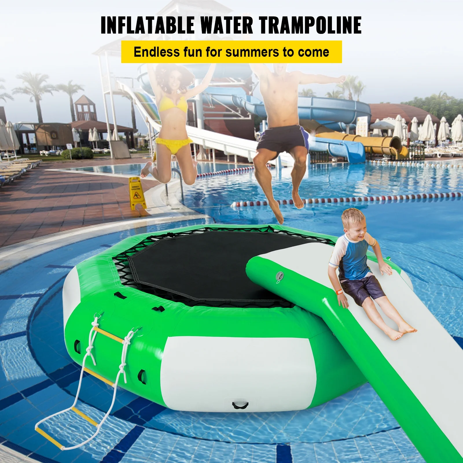 VEVORbrand Inflatable Water Trampoline 10ft , Round Inflatable Water Bouncer with Yellow Slide and 4-Step Ladder, Water Trampoline in Green and White for Water Sports