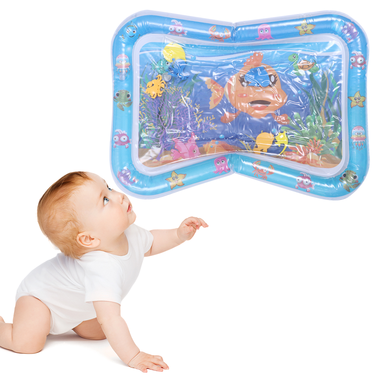 Creative Small Goldfish Design Baby Pad Toys Inflatable Crawling Cushion Water Play Mat Leakproof Colorful Play Mat Baby Toys for Infants Toddlers (Blue)