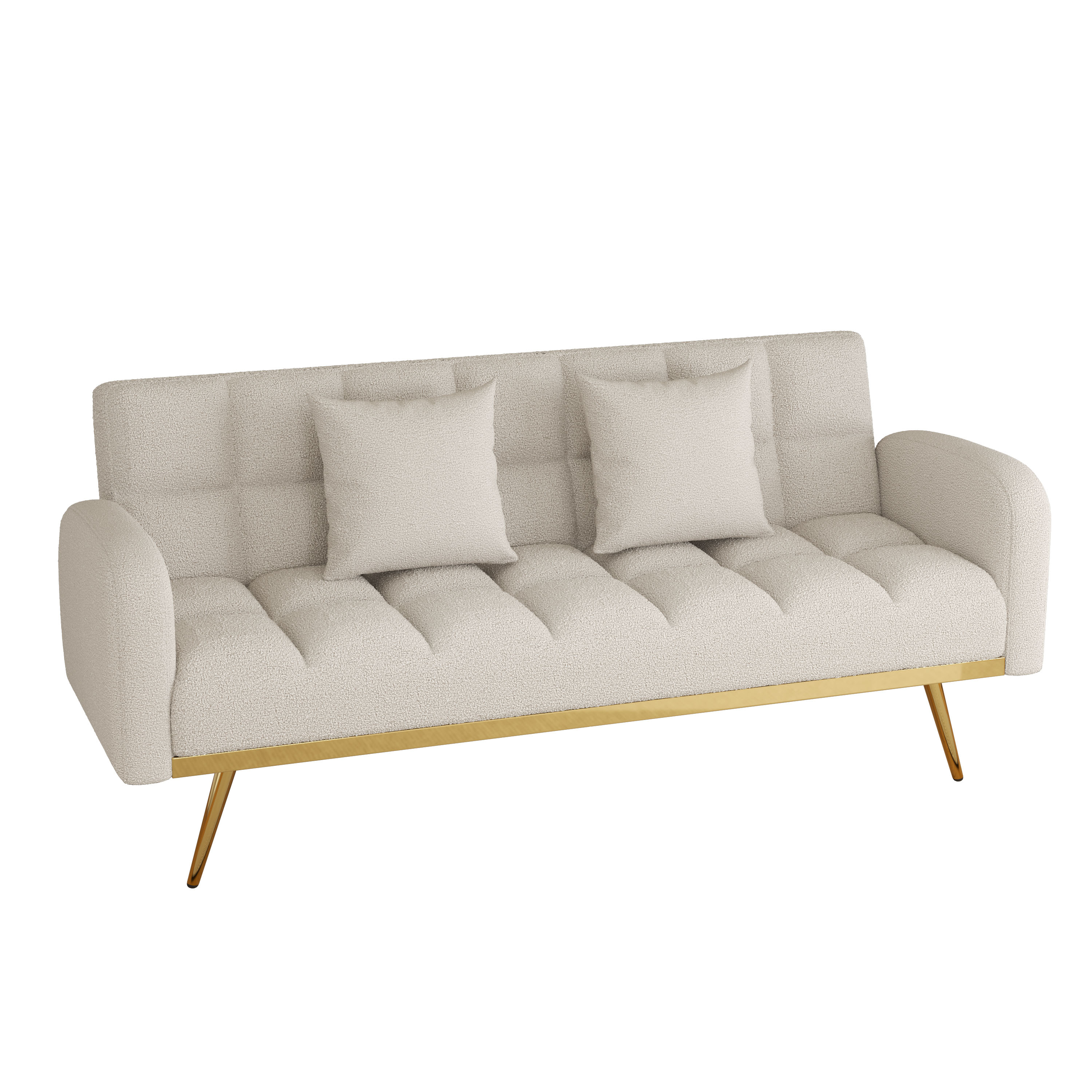 Modern Minimalist Teddy Fabric Upholstered Futon Sofa Bed with Two Pillows, Beige