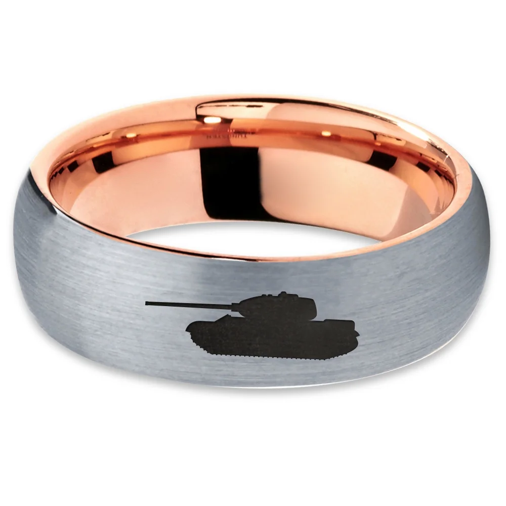 Tungsten Battlefield Military Tank Band Ring 7mm Men Women Comfort Fit 18k Rose Gold Dome Brushed Gray Polished