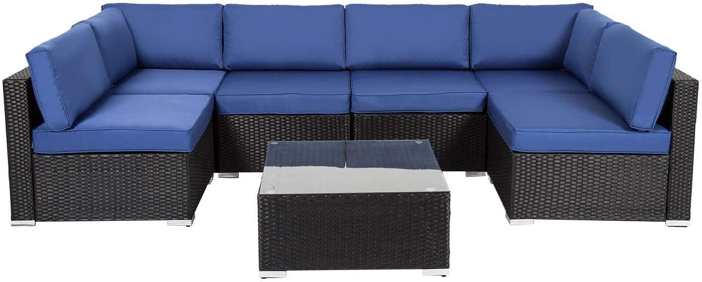 Kinbor 7 Pcs Outdoor Patio Wicker Sofa Chair Washable Cushions Pillow Replacement Covers for Seat and Back, Dark Blue