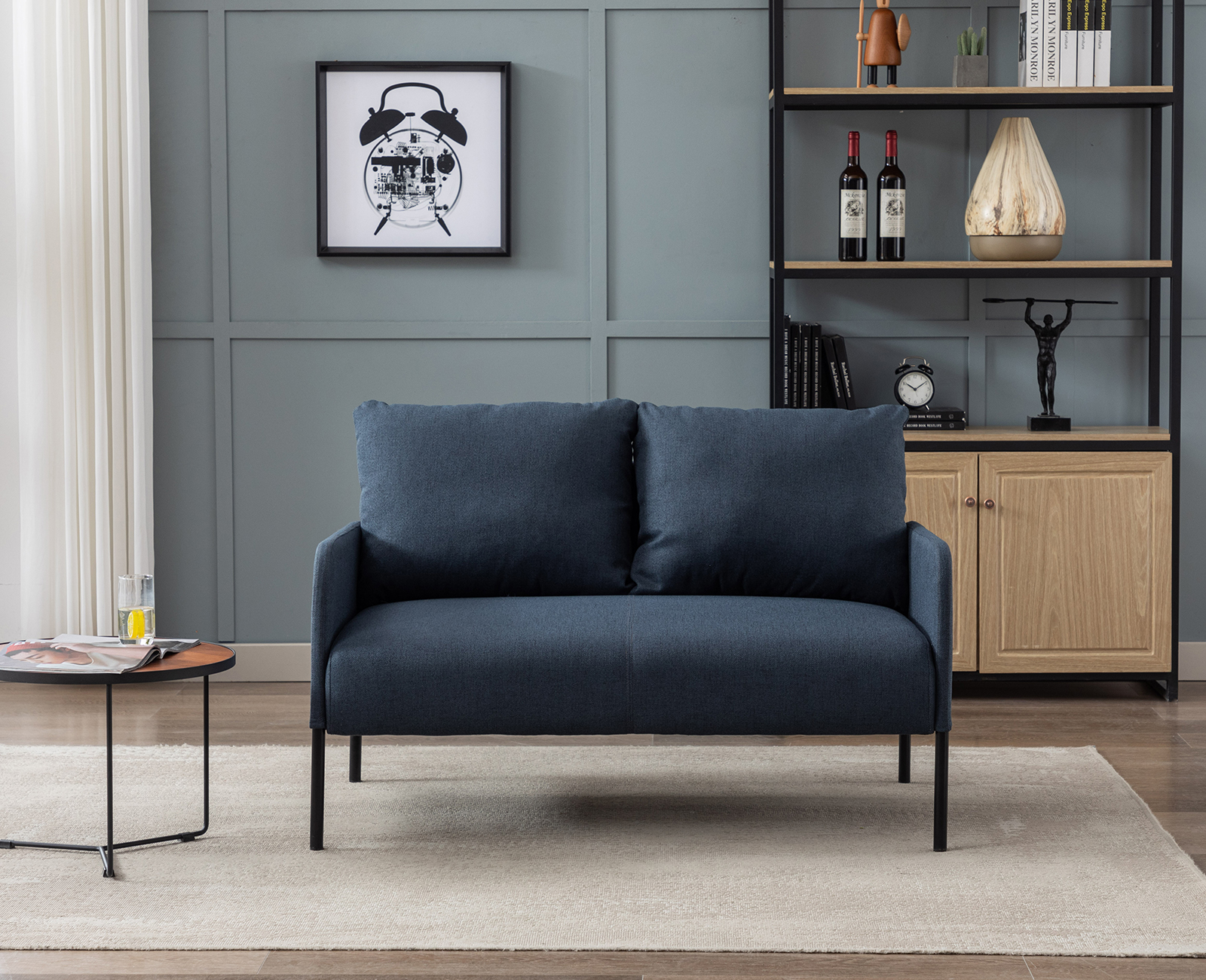 Guyou Modern Fabric Blue Sofa, Upholstered Lounge Chairs with Two Pillow and Metal Feet, Two Seats