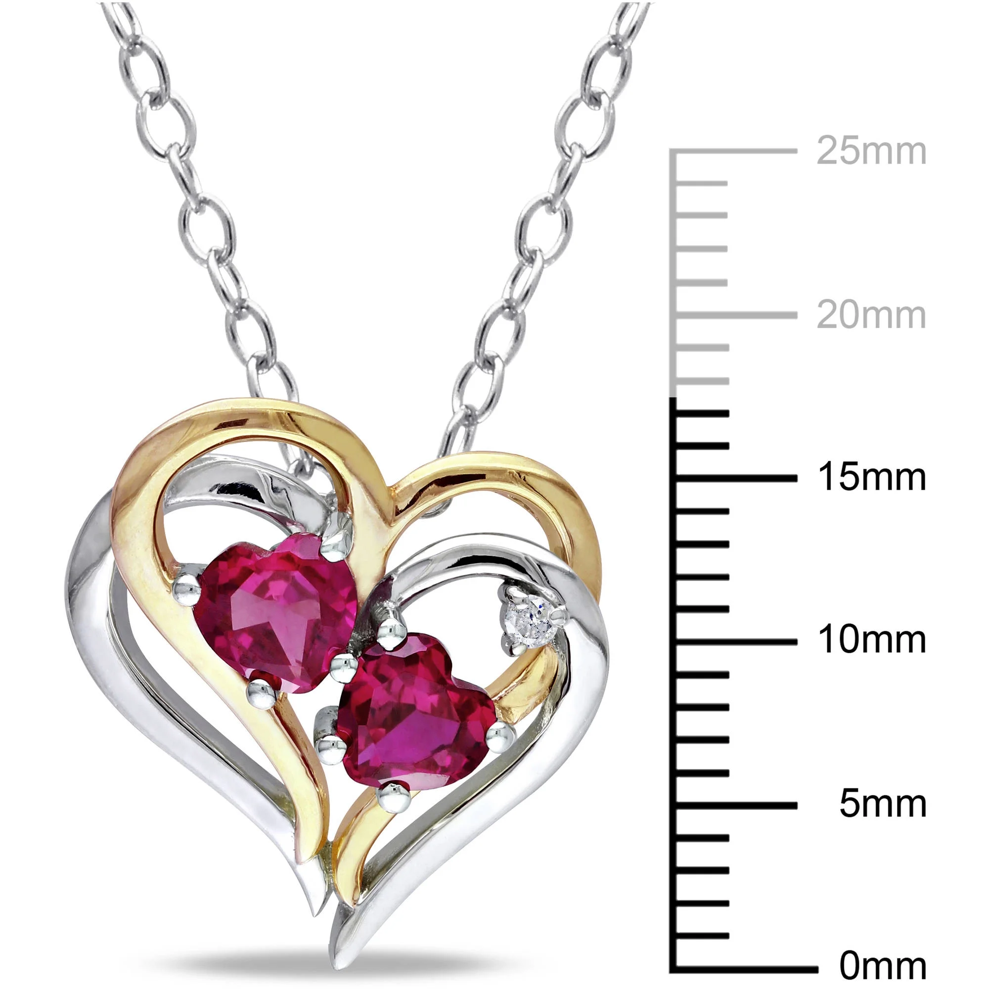Everly Women's 1 1/6 Carat T.G.W. Heart-Cut Created Ruby & Round-Cut Diamond Accent T.W.-Tone Silver Double Heart Pendant with Chain with Shared Prong Setting & Spring Ring Clasp (G-H-I, I3) - 18 in.