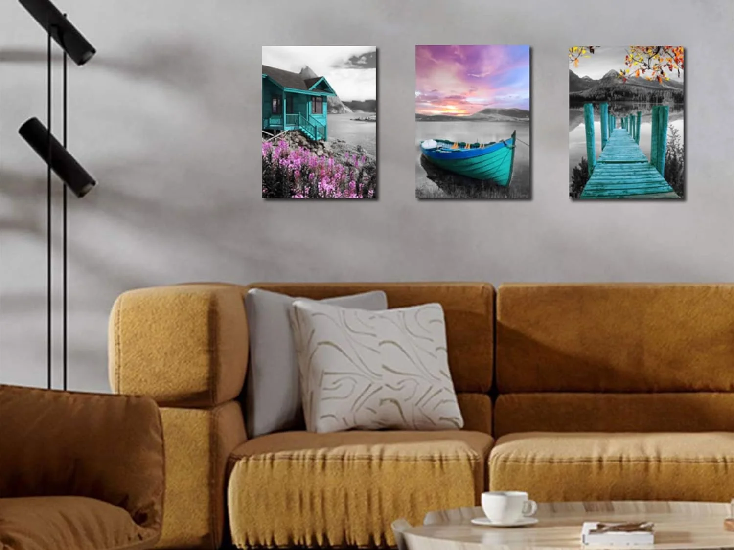 Teal Wall Art Landscape Lake House Canvas Painting Cabin Purple Sailboat Pictures, Scenic Cottage Farmhouse Artwork Framed for Bathroom Living Room Bedroom Kitchen Wall Decor 12