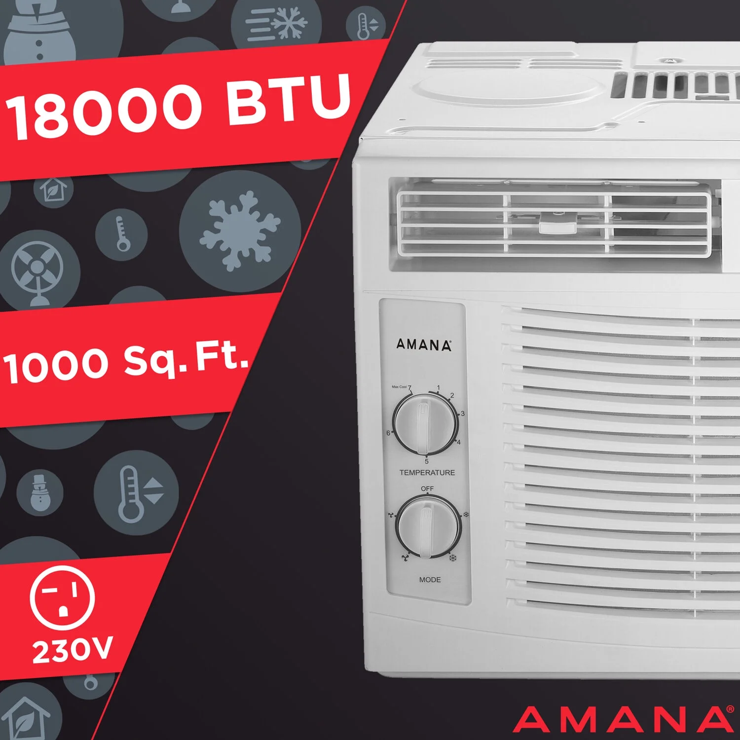 Amana 18,000 BTU 230V Window-Mounted Air Conditioner with Remote Control | AC for Rooms up to 1000 Sq.Ft | 24H Timer | 3-Speed | Auto-Restart | Digital Display | ​White | AMAP182CW