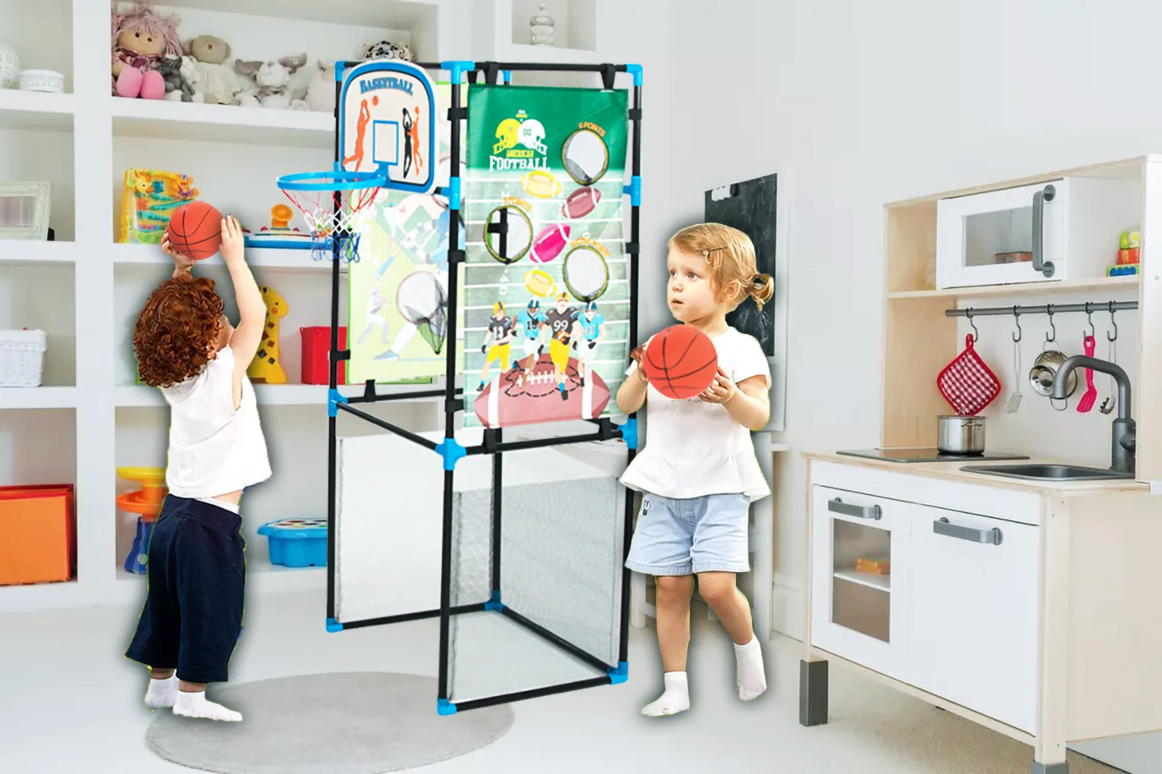 Kids Basketball Game Set - Portable Hoop Game Toy with Ball & Pump-Indoor & Outdoor Sports Arcade - Soccer Football Baseball Great Baseball Gift (4 in 1 Basketball, Football, Baseball and Soccer)