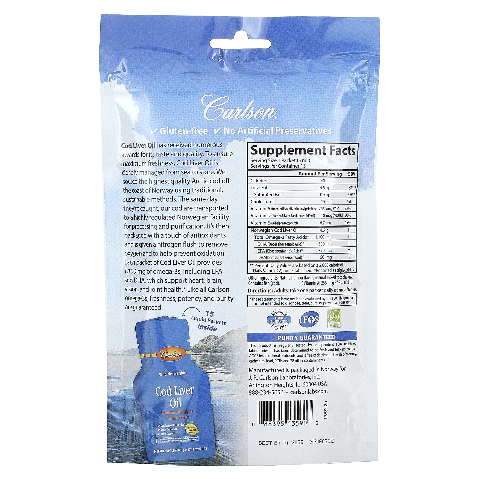 Carlson Wild Norwegian Cod Liver Oil, Natural Lemon, 15 Liquid Packets, 0.17 fl oz (5 ml) Each