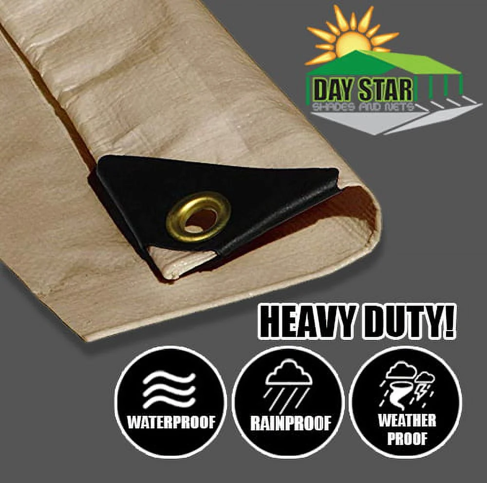 (Beige/Tan) Heavy Duty Premium Poly Tarp 12 Mil Thickness 3 Ply Coated Reinforced Canopy 6 oz 3 Layer