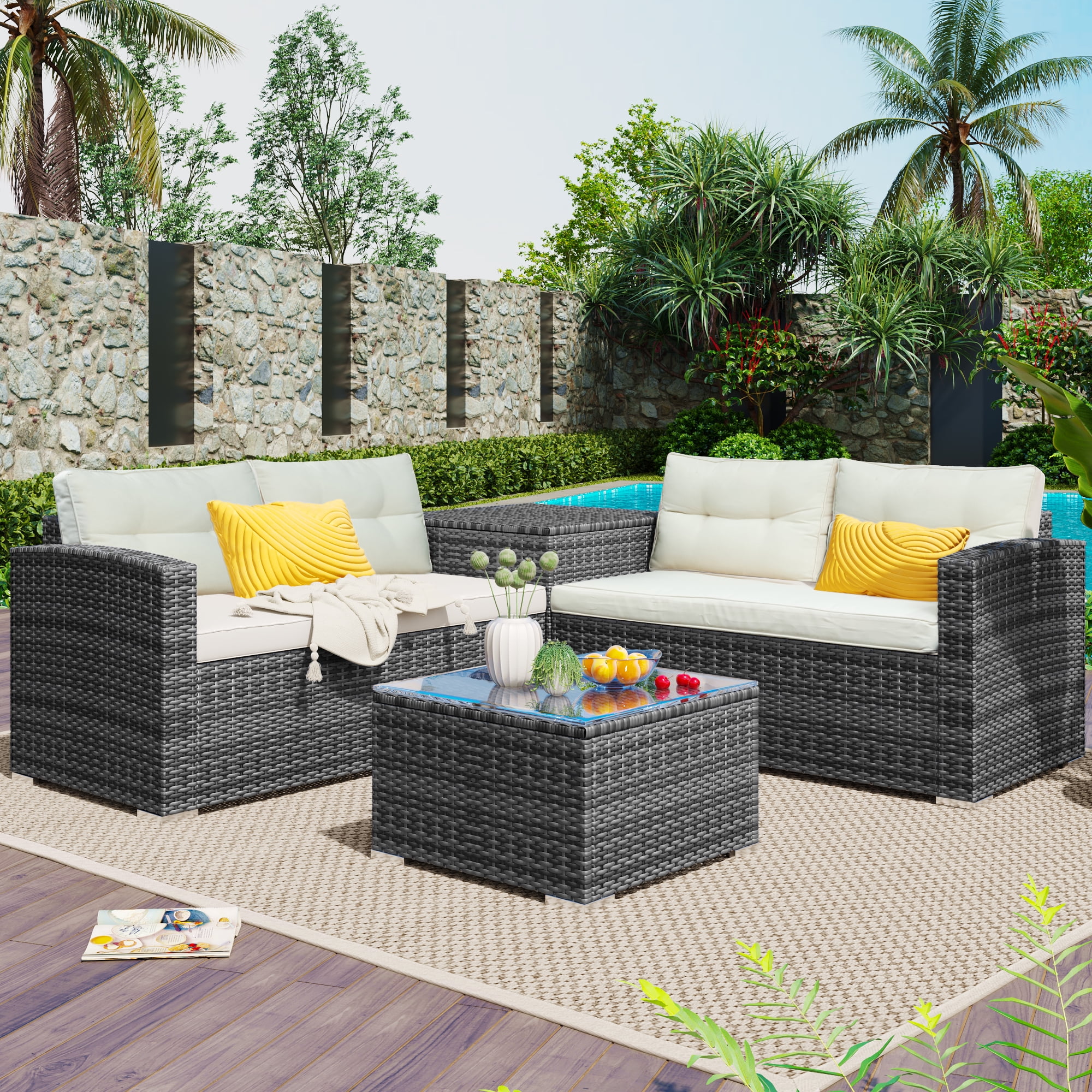BTMWAY 4 Piece Outdoor Patio Furniture Set, All-Weather Rattan Sectional Sofa Set with Padded Cushions, Glass Dining Table, 2 Loveseat Sofas and Storage Box, Wicker Conversation Set for Backyard