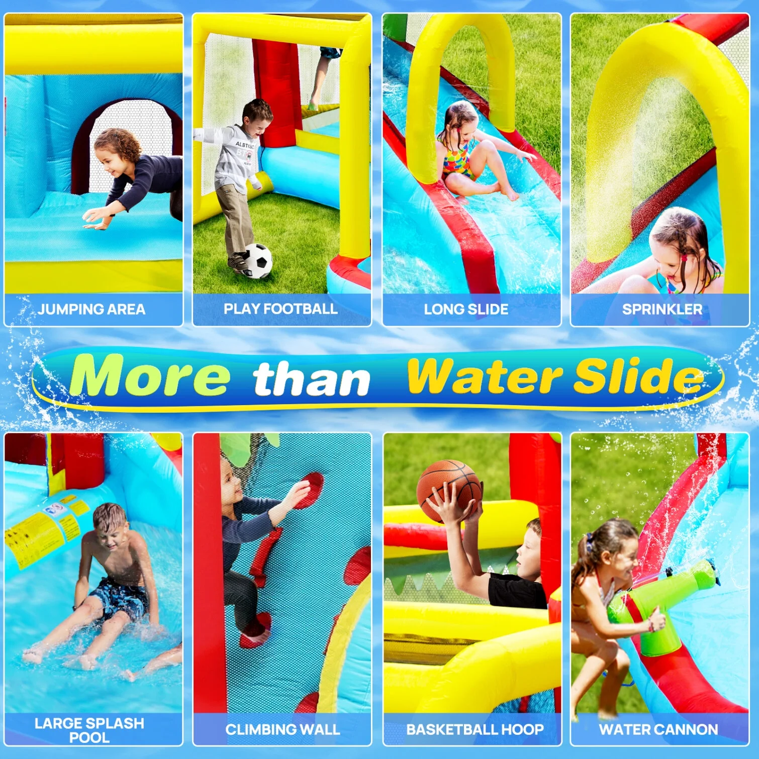 7 In1 Inflatable Slide Water Park Bounce House,Outdoor Soccer Garden Bouncer with Splash Pool,Climbing Wall,Basketball and Football,Inflatable Bounce House for Kids Outdoor Party Family Fun