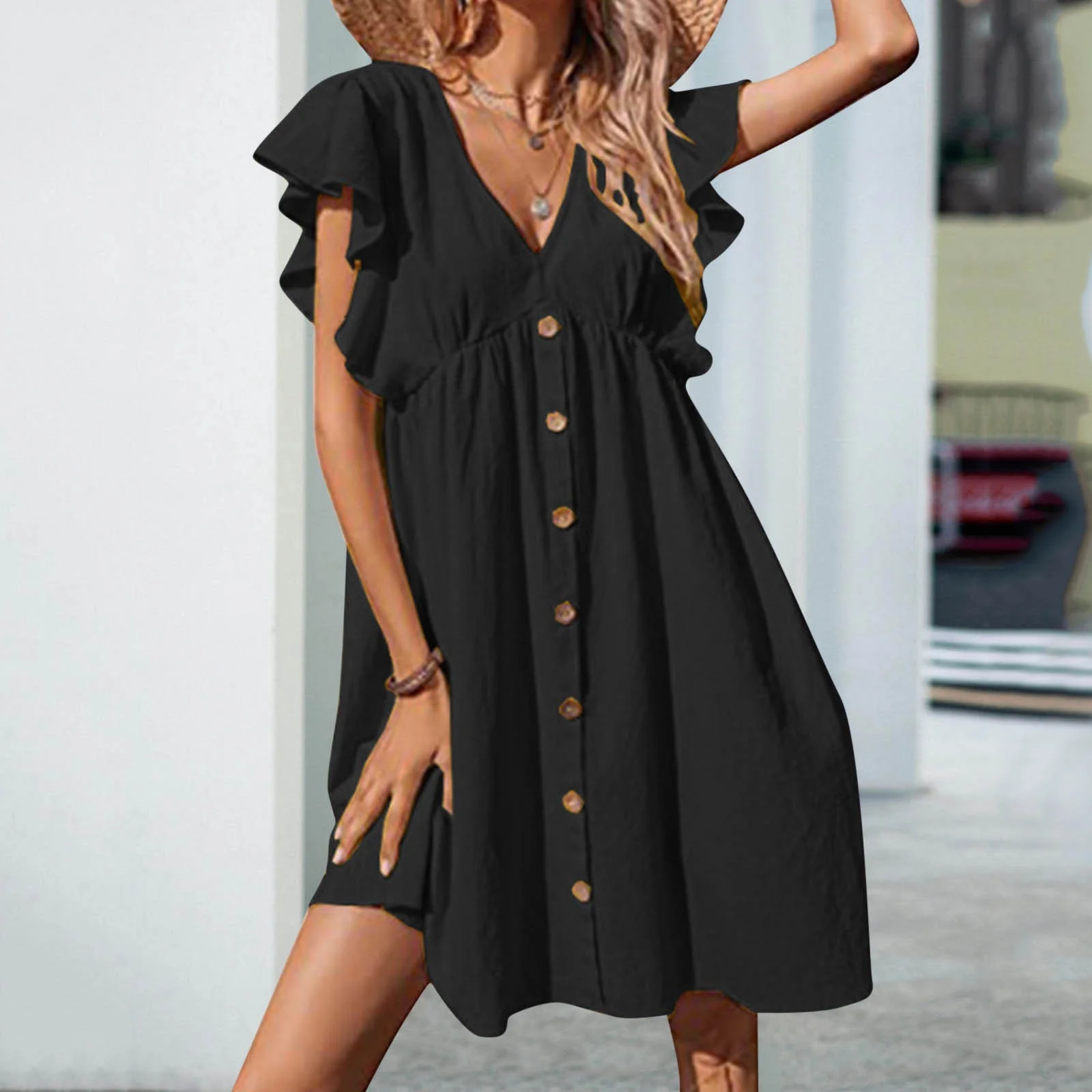 SZXZYGS Cotton Dresses for Women 2024 Petite Womens Summer Dress V Neck Casual Flowy Swing Dresses Midi Button Down Dress T Shirt Dress 2024 Women Dresses