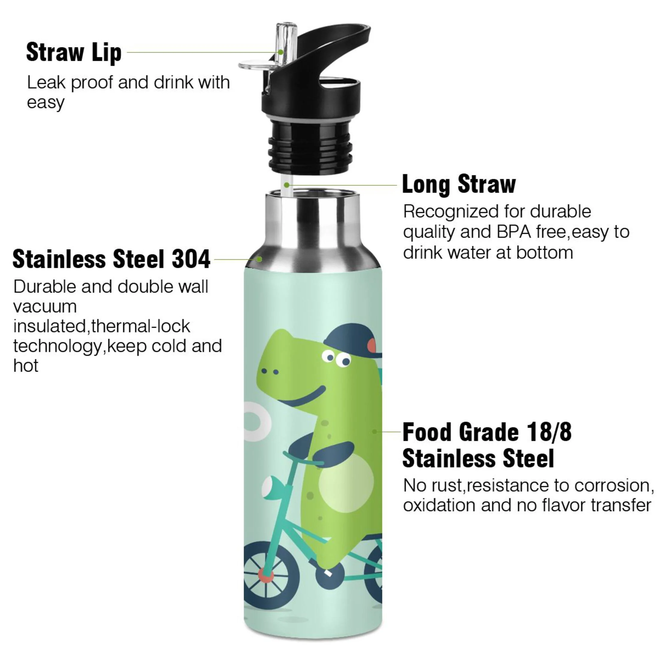 Stainless Steel Water Bottle Cute Dinosaur Bicycle with Straw Lid Vacuum Insulated Keeps Hot and Cold Leak Proof Flask Jug for Gym Travel Sports Cycling Outdoor 20 OZ