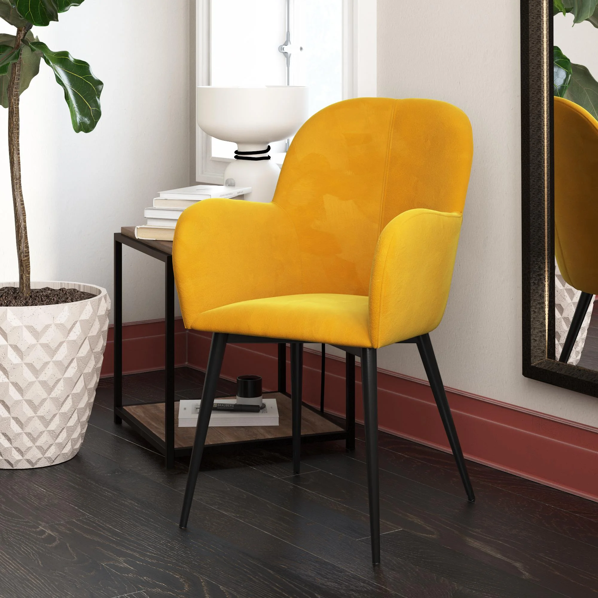 Queer Eye Fallon Modern Accent Chair, Metal Legs, Mustard Yellow Velvet