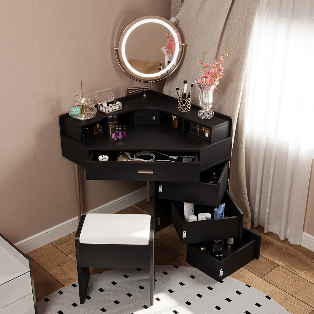 HUTWIFE Corner Vanity Desk With Lights, Makeup Vanity with Storage Shelf & 3 Drawers, Cabinet and Cushioned Stool, Modern Bedroom Makeup Table