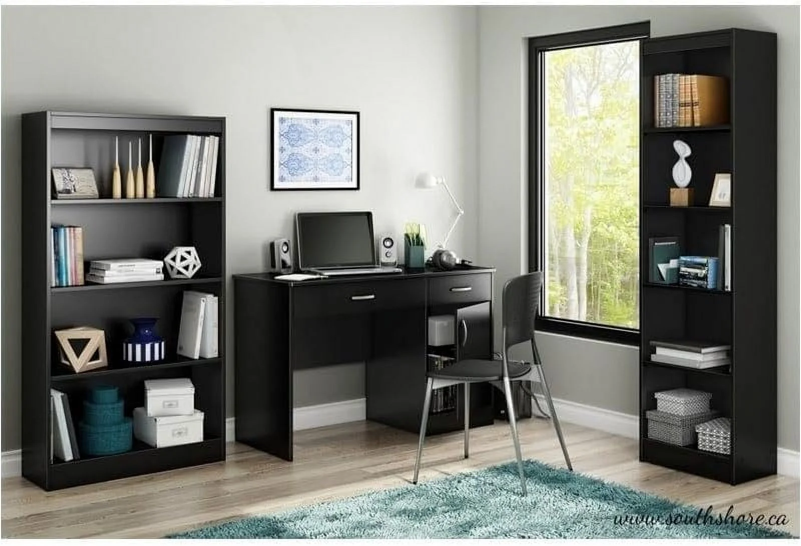 Modern Computer Desk With Keyboard Tray, Wood Writing Desk With Drawers And Shelves For Home Office, Black
