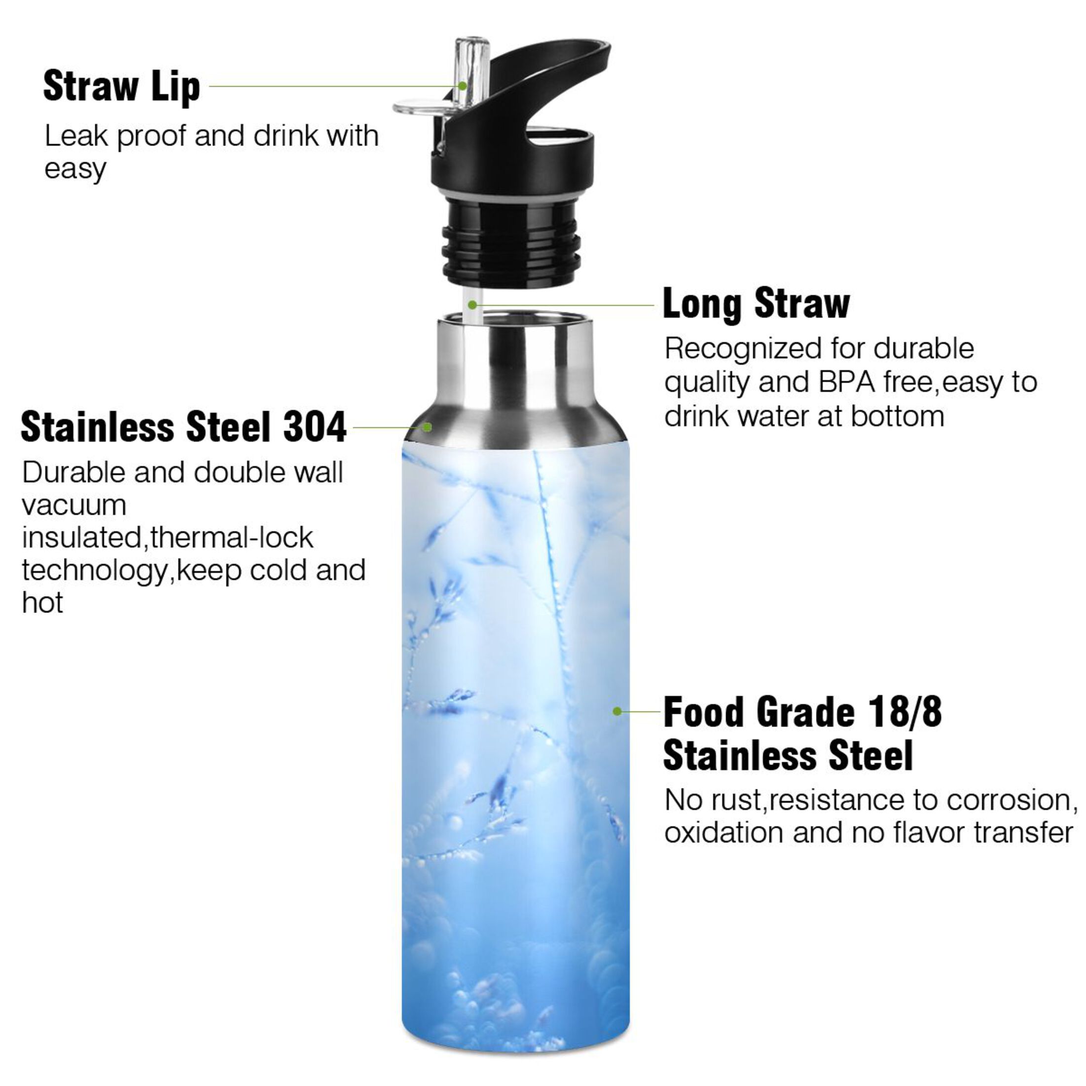 Abstract Floral Blue Water Bottles Insulated Thermos Kids Stainless Steel Bottle with Straw Lid Flask Leakproof for Sports Gym 20 oz