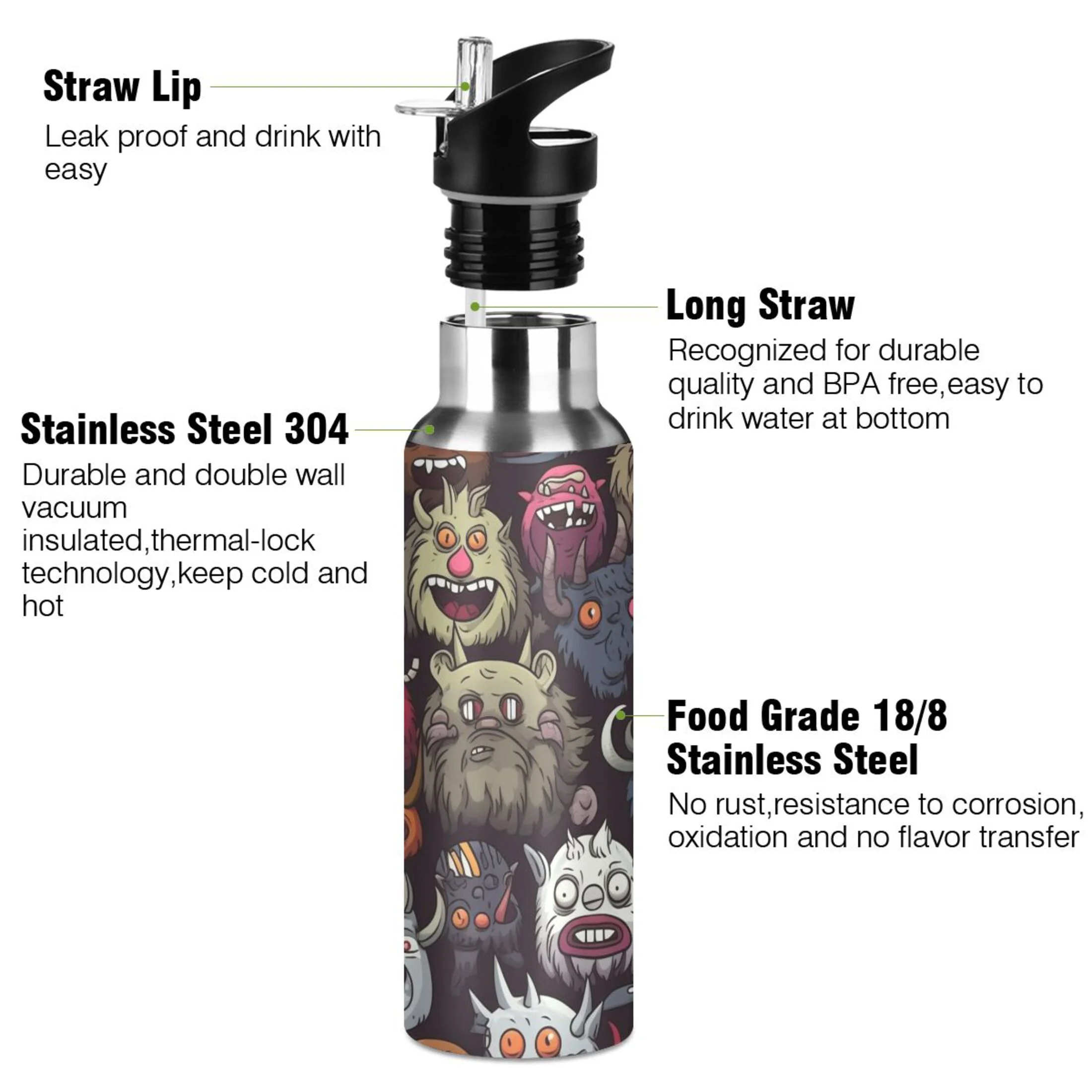 Magic Demons Water Bottles Insulated Thermos Kids Stainless Steel Bottle with Straw Lid Flask Leakproof for Sports Gym 20 oz
