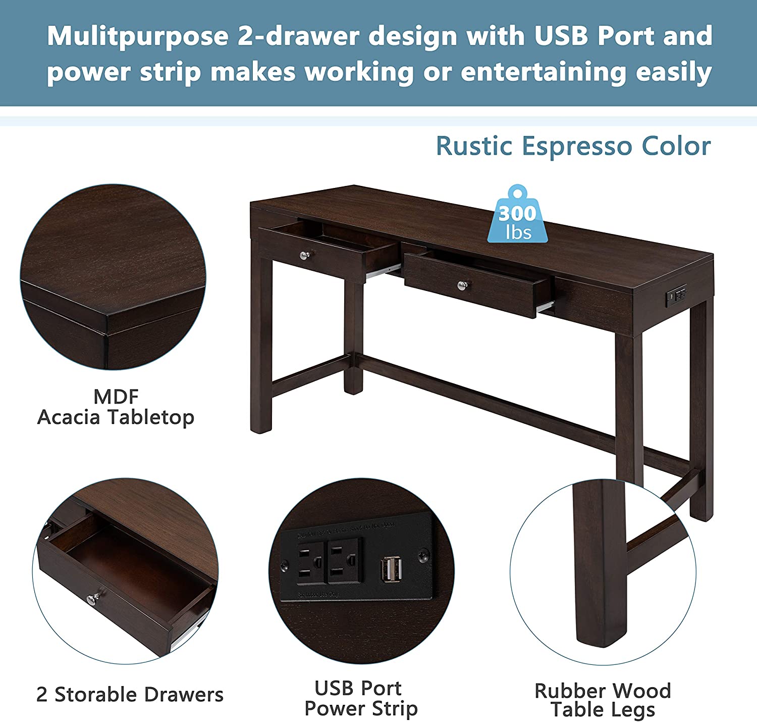 xrboomlife 4-Piece Counter Height  Table Set with Socket and 2 Drawers  Mulitpurpose Rustic  Dining Table Set with 3 PU Leather Padded Stools  Espresso