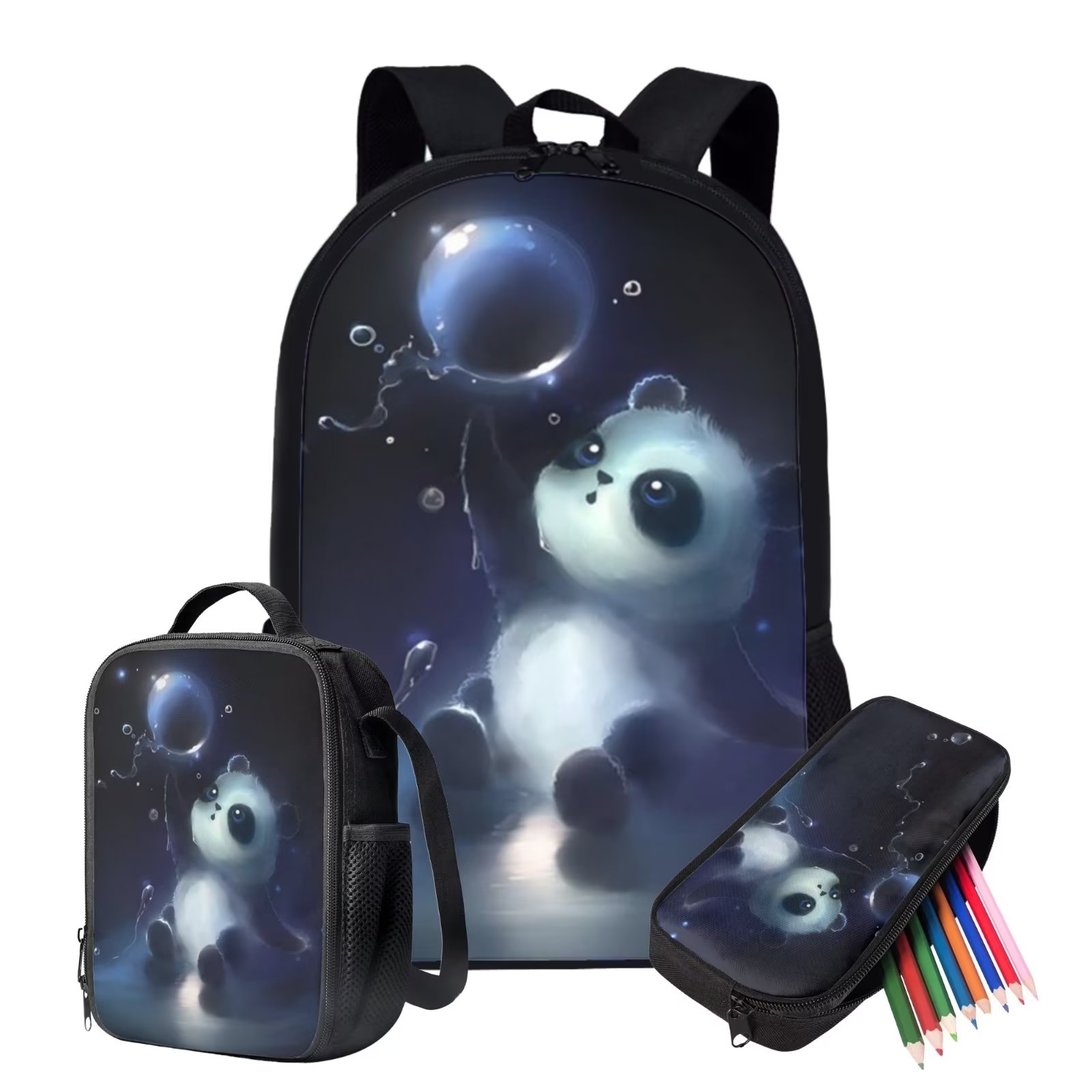 Binienty Animal Panda Backpack Set with Lunch Bag and Pencil Case Children School Bag for Boys Girls Kids Bookbags Travel Daypack Satchel 3-Pieces