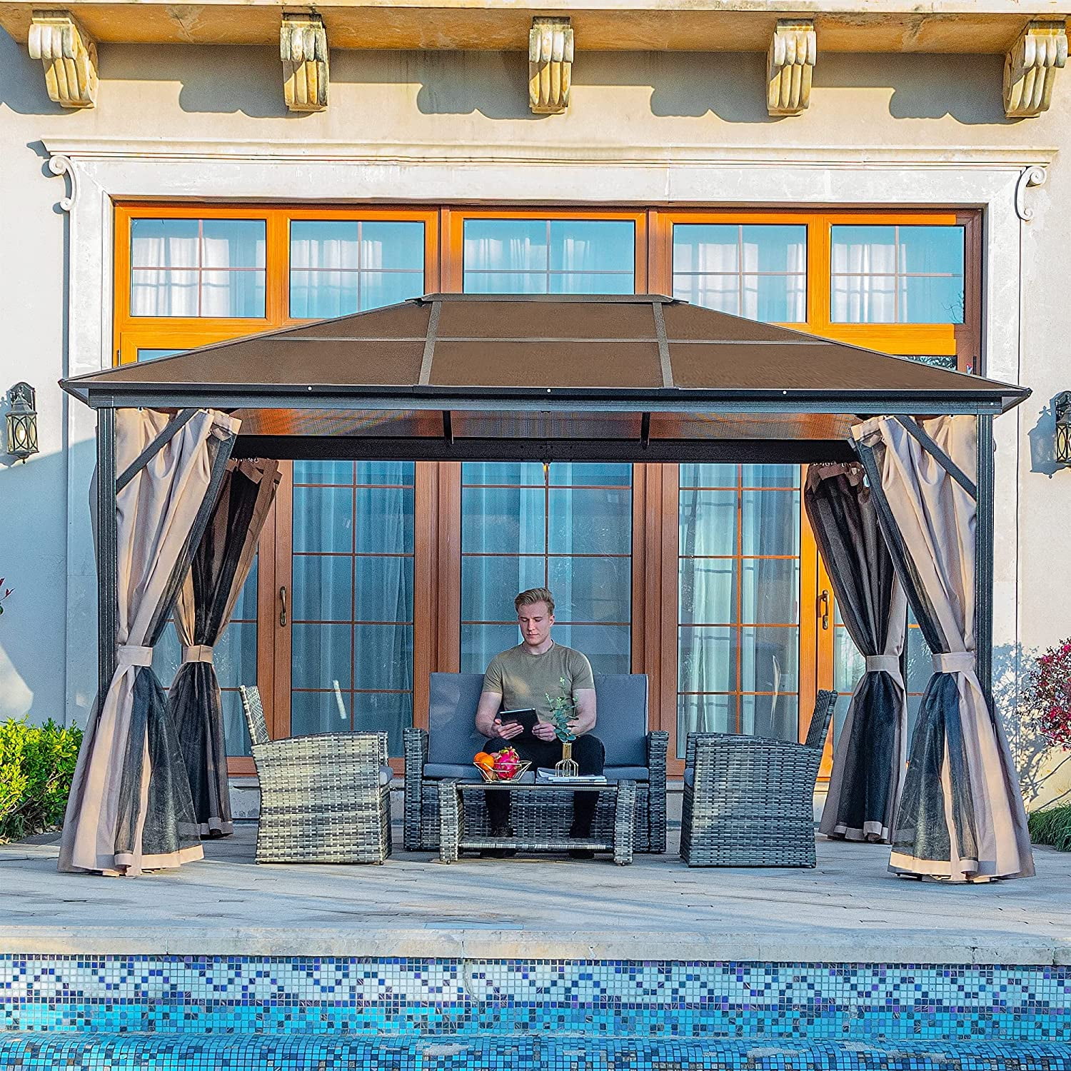 Dextrus 10x12 ft Gazebo Hardtop Outdoor Canopy with Netting and Shaded Curtains, Aluminum Frame Polycarbonate Hardtop Garden Tent for Patio, Backyard, Deck and Lawns (10x12 ft)