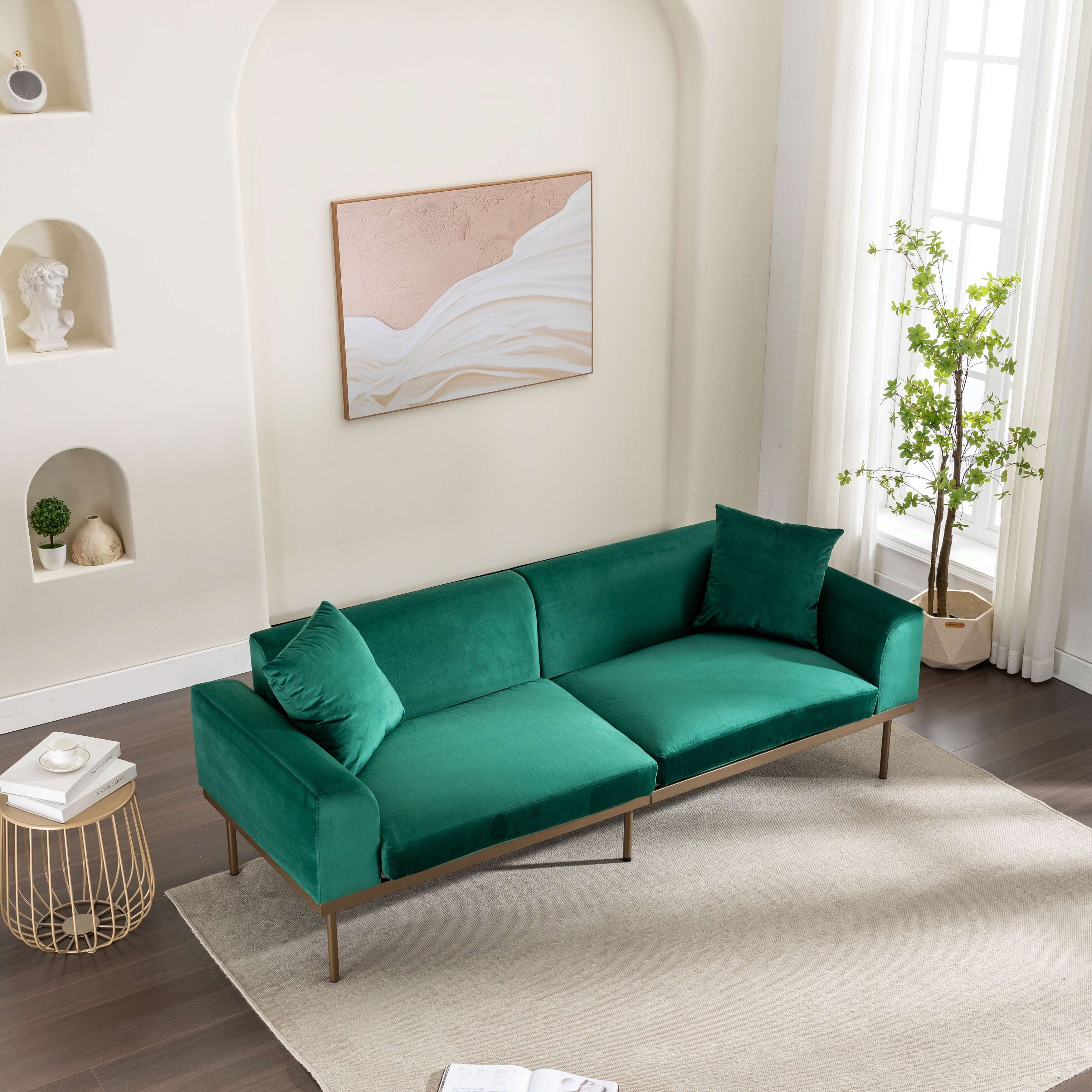 Modern Velvet Loveseat Sofa Couch with Two Pillows Green