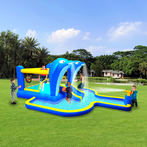 CJC 6 in1 Kids Inflatable Water Slide Park with Climbing Wall Water Cannon and Dolphin sprinkler & Splash Pool