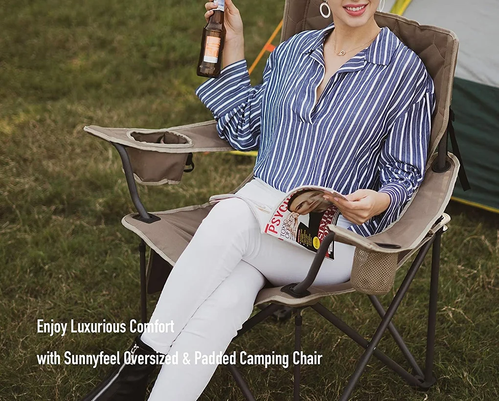 Xl Oversized Camping Chair Heavy Duty Supports 500 Lbs Ideal For Tall People Above 6'4 Padded Portable Folding Chair With Armrest Cup Holder & Side Pocket For Outdoor/Travel/Picnic (Khaki1)