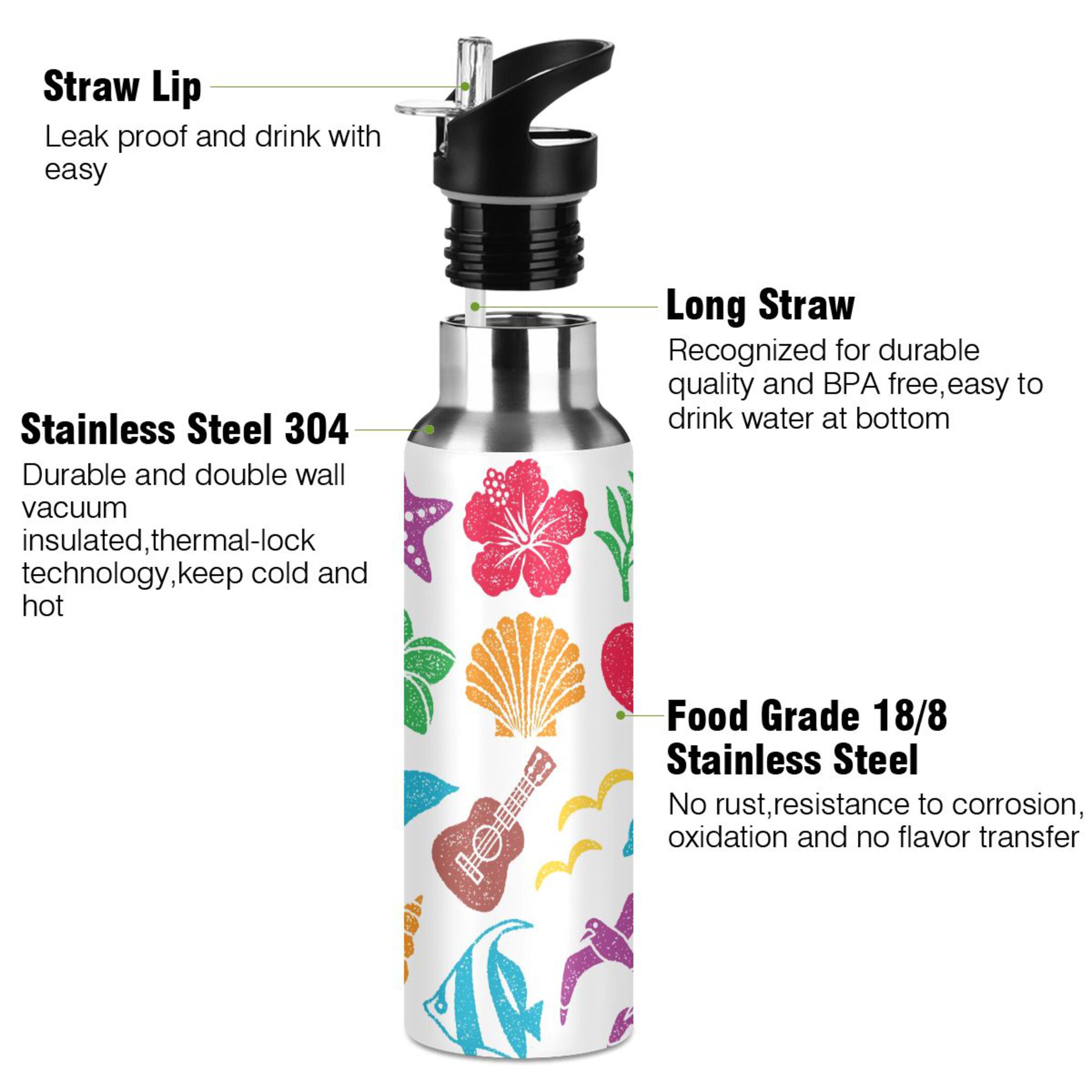 Water Bottle with Straw Lid Leak Cartoon Seashell Anchors Stainless Steel Insulated Thermos Vacuum Flask for Cold Hot Drinking for Sports Camping Gym Yoga