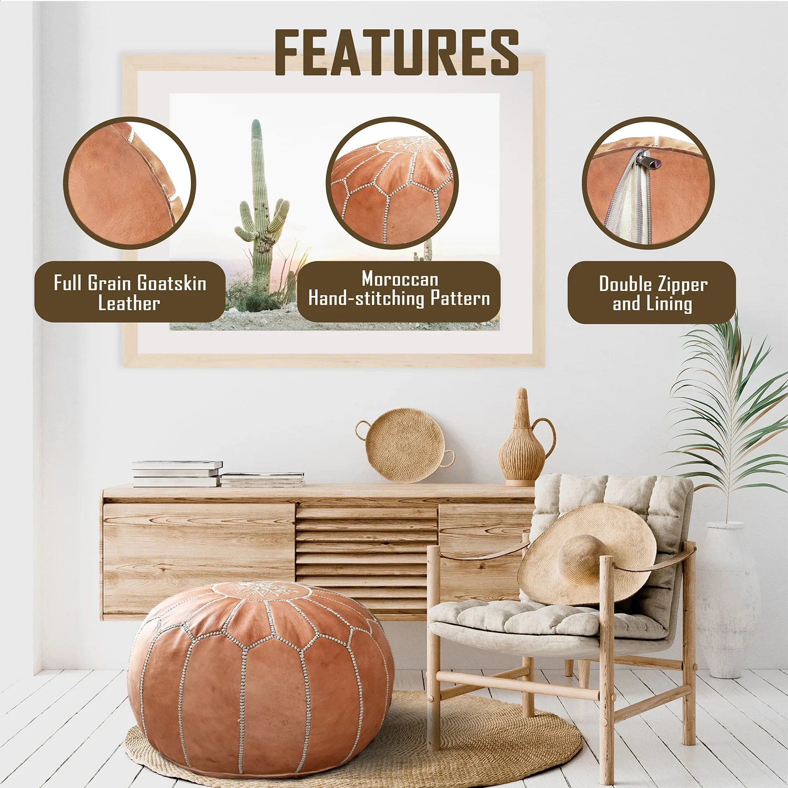 Pre-filled Genuine Leather Moroccan Ottoman, Handmade Leather Pouf Footstool, Natural Tan Brown