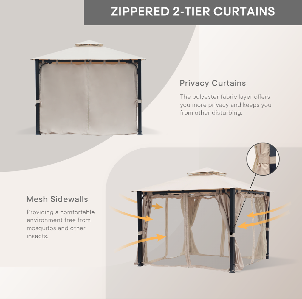 Finefind 10 x 10 Gazebo Canopy Outdoor Soft Top Gazebo Patio Gazebo Tent Polyester Double Roof Vented Gazebo with Mosquito Netting and Privacy Curtains