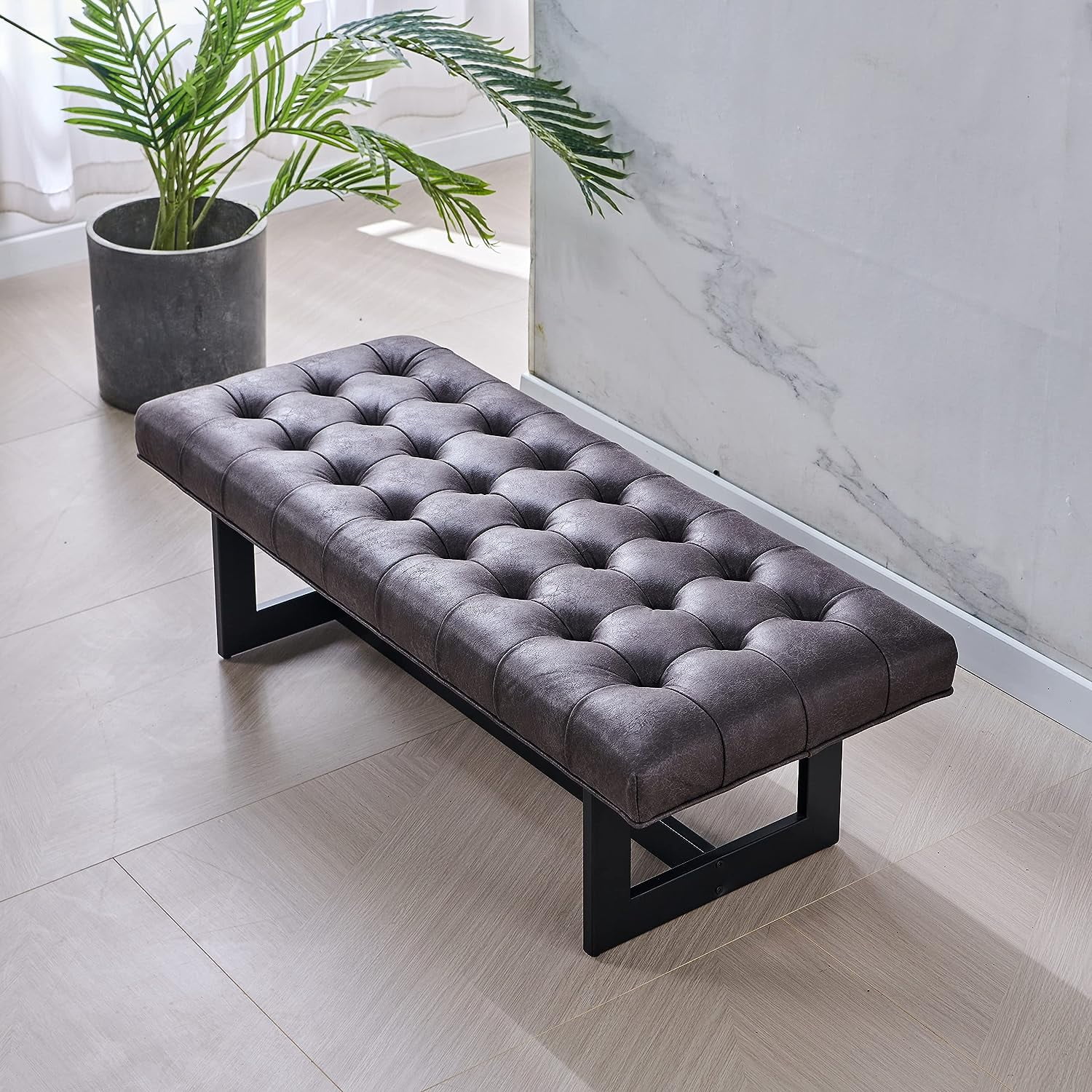 Nathaniel Home Button-Tufted Kids Ottoman, Upholstered Bedroom Benches, Vegan Leather Footrest Stool Accent Bench, for Living Room End of Bed Foggy Gray