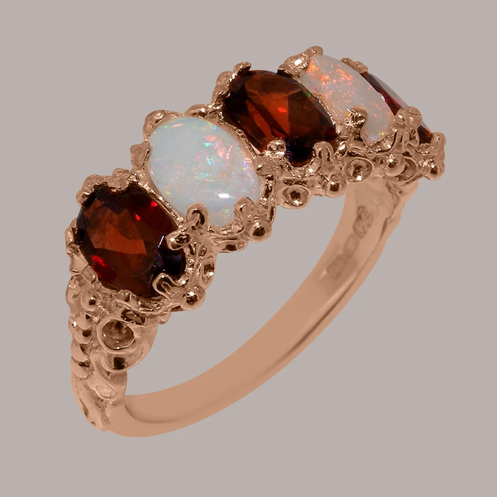 LBG British Made 14k Rose Gold Natural Garnet & Opal Womens Eternity Ring - 33 size options - Size 10