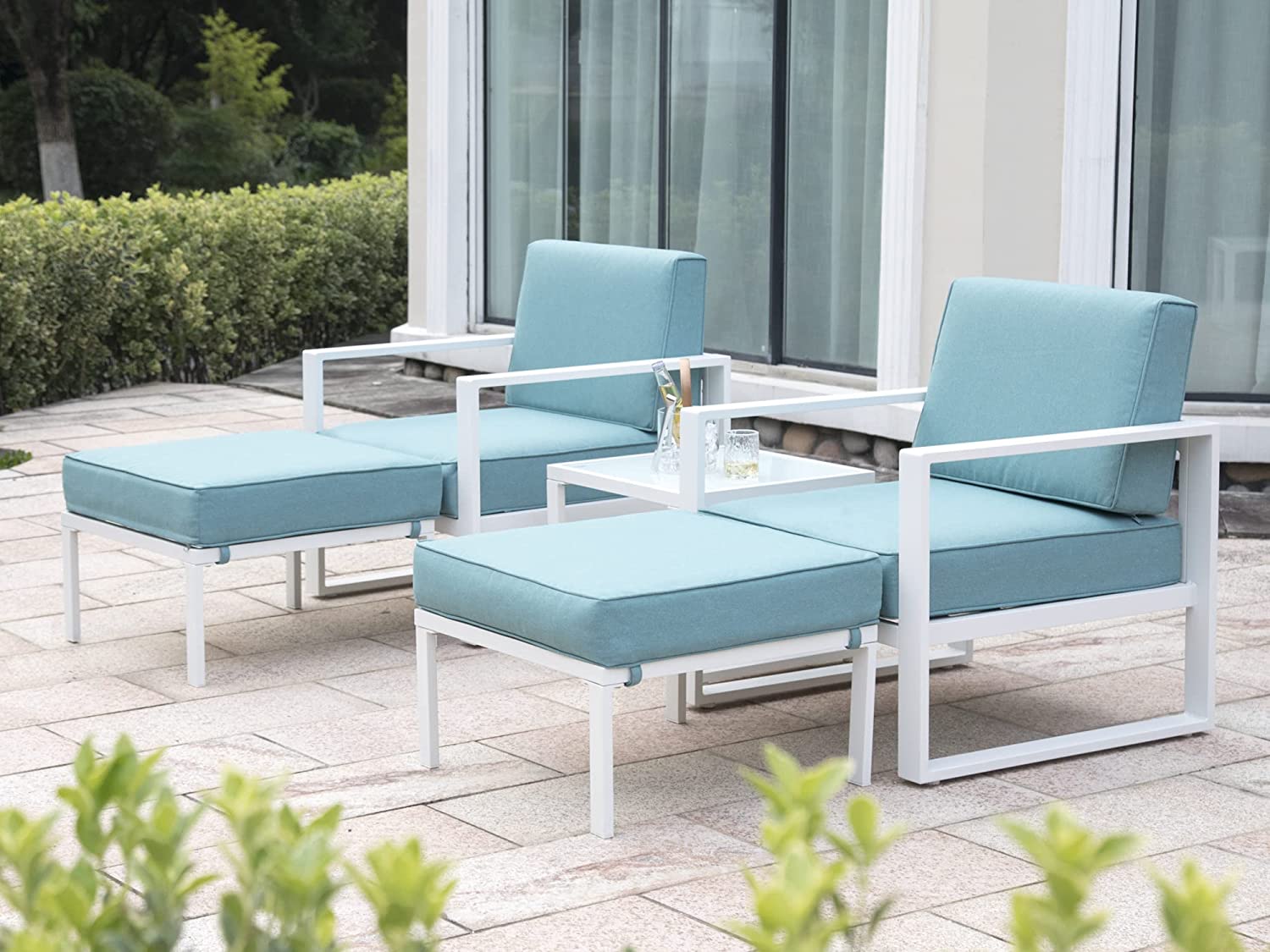 Superjoe 5 Pcs Patio Furniture Set Aluminum Frame Outdoor Chairs All-Weather Modern Metal Couch Conversation Sectional Sofa with Ottomans and Coffee, White