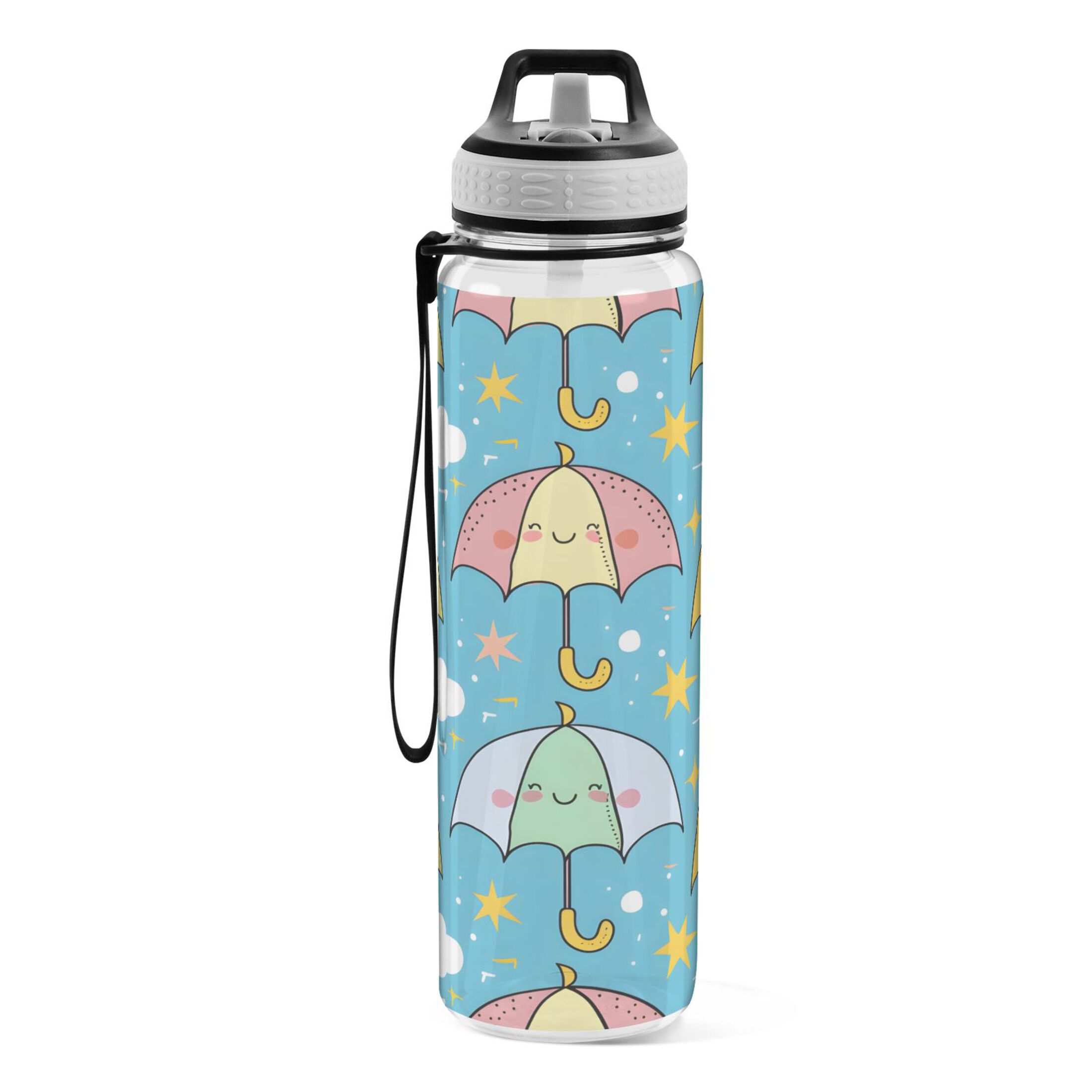 Cute Umbrella and Clouds 32oz Sports Water Bottles Leakproof Tritan Bottle with Straw BPA Free Clear Bottle for Fitness Gym Outdoor Cycling