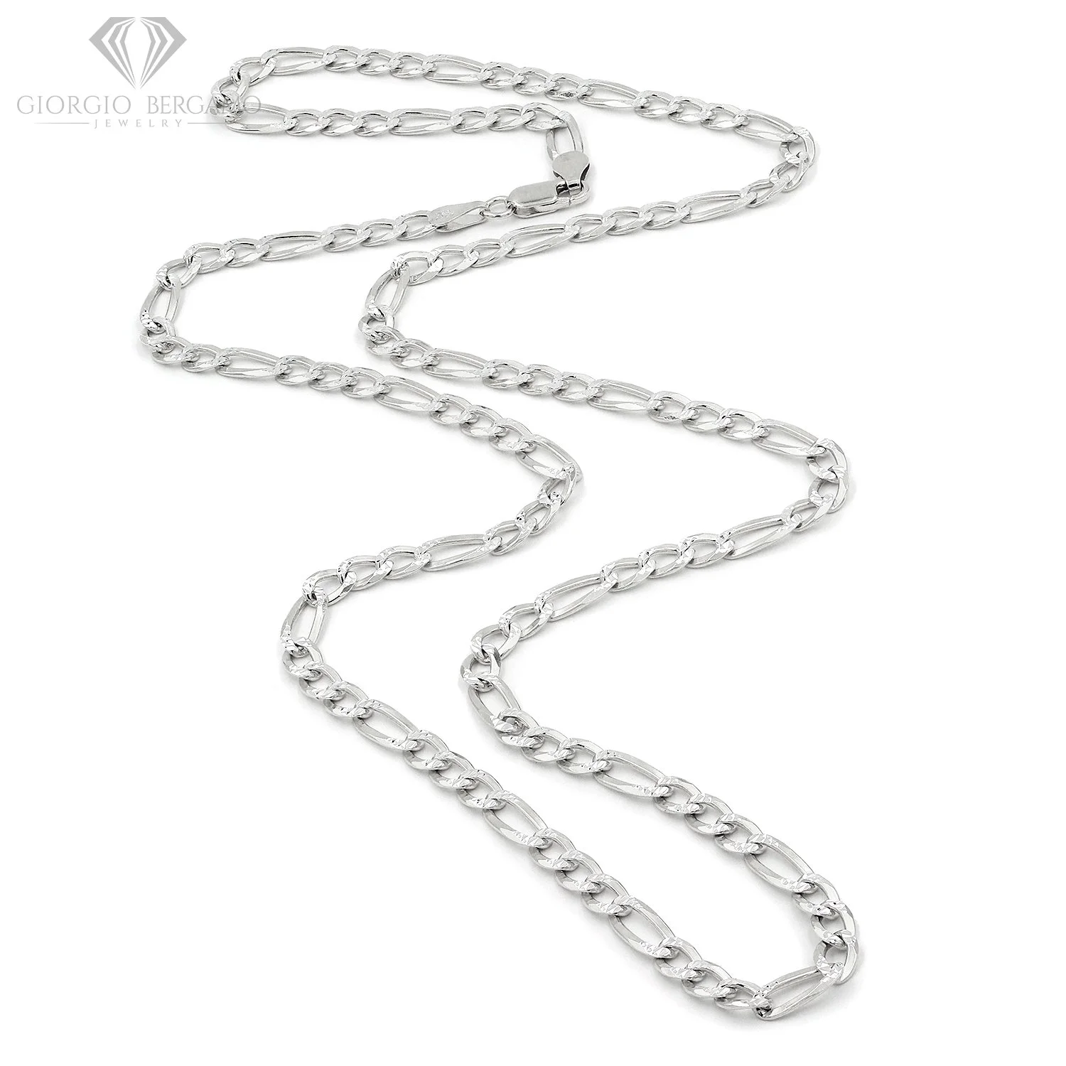 925 Italian Sterling Silver 5mm Solid Figaro Diamond Cut Chain, FREE Microfiber Cloth, ITProLux Pave Link Mens Womens Necklace, Giorgio Bergamo