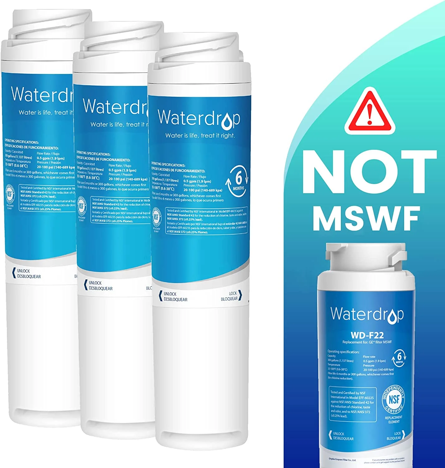 Waterdrop GSWF Refrigerator Water Filter, NSF 372&42 Certified, Replacement for GE® GSWF SmartWater 238C2334P001, Kenmore 46-9914, 469914, 9914 (Pack of 3)