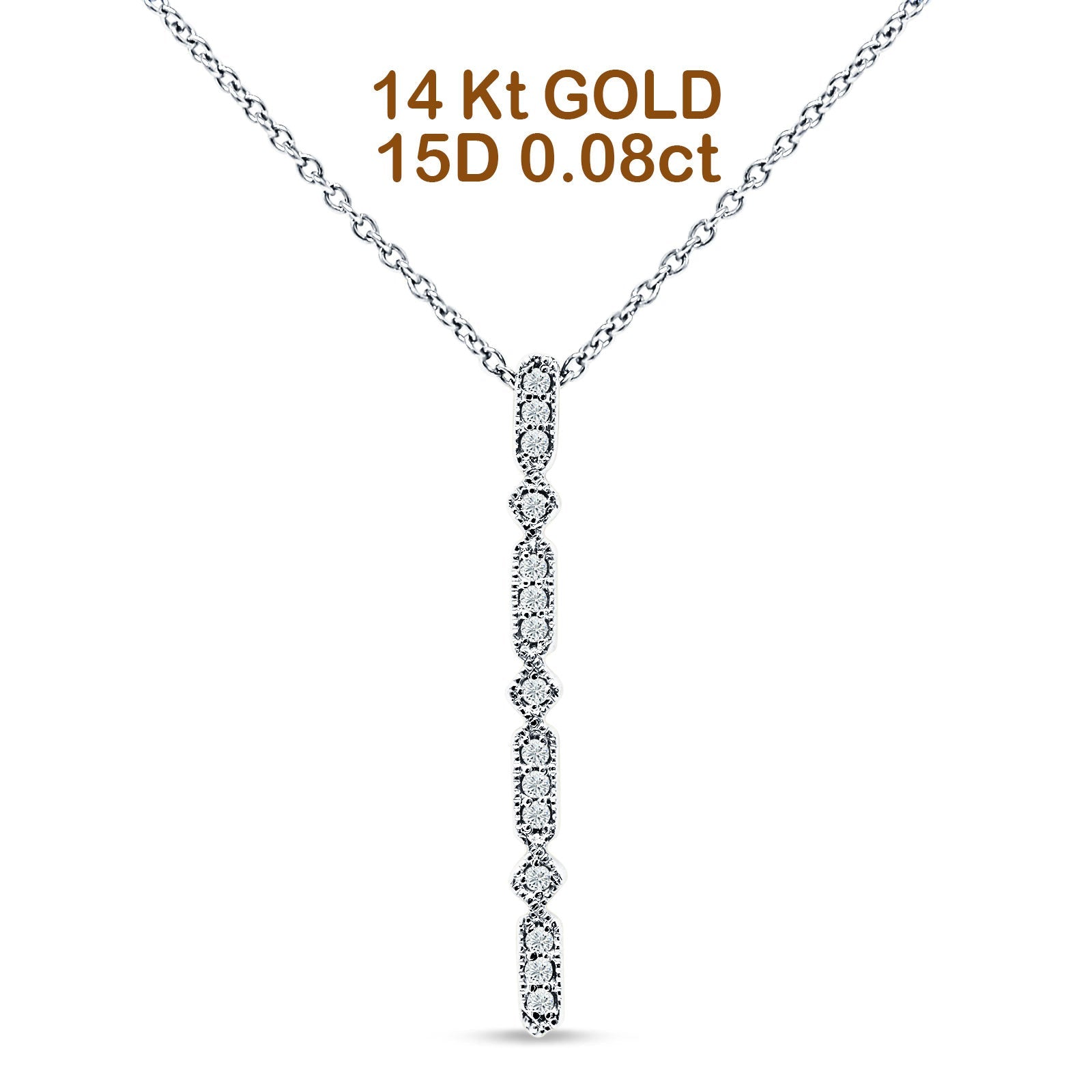 Blue Apple Jewelry Co. 14K White Gold 0.08ct Diamond Drop Vertical Bar Pendant Chain Necklace 18