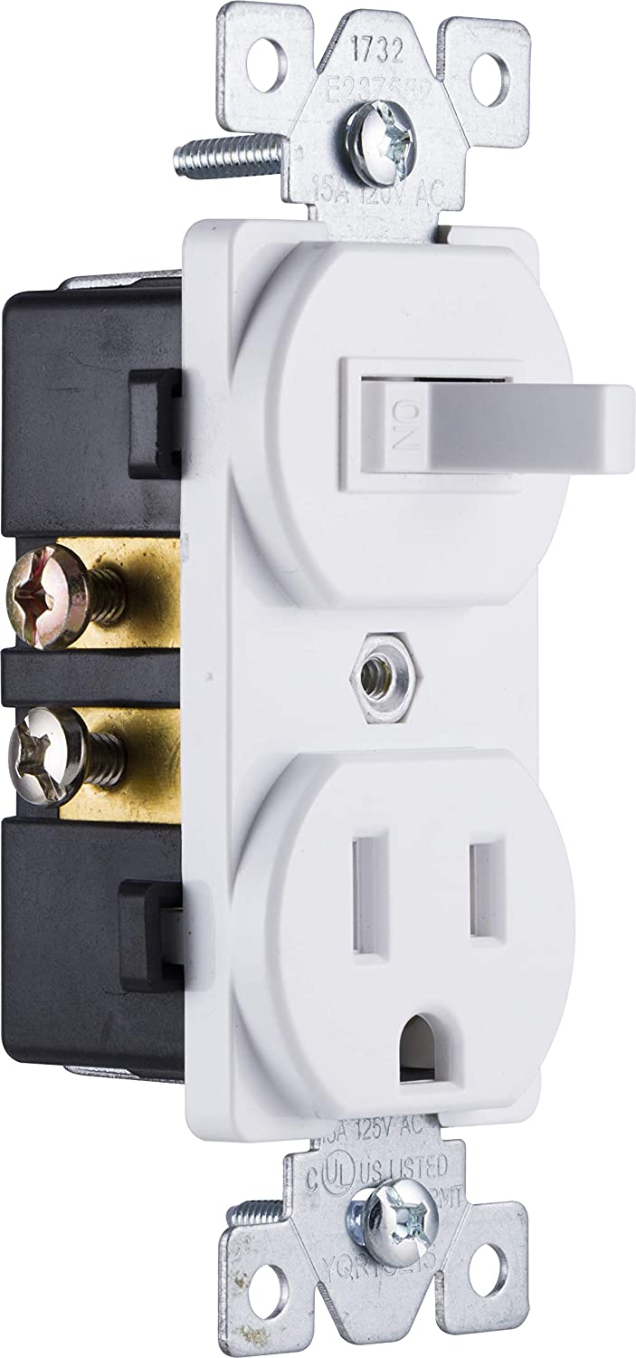 GE Switch & Outlet 5 Pack Light Switch Outlet, Two-in-One Receptacle, 1 on/off Toggle Power, 1 Grounded AC Wall Plug, White, 44038