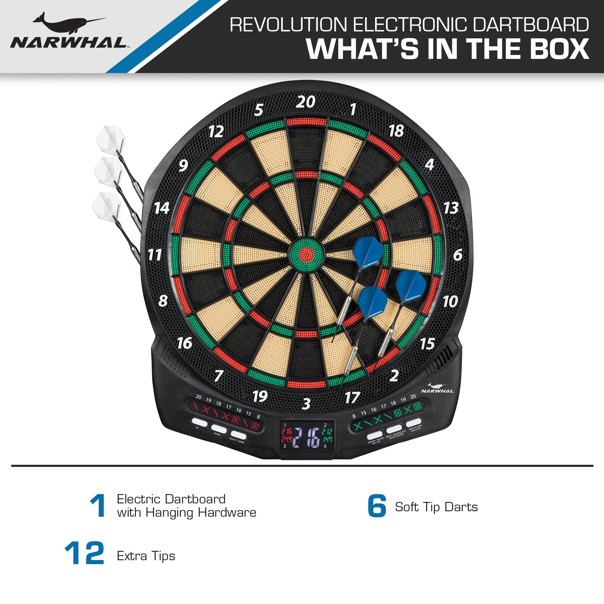 Narwhal Revolution Electronic Dartboard with 30 Games, Cricket Scoring and 6 Plastic Tip Darts