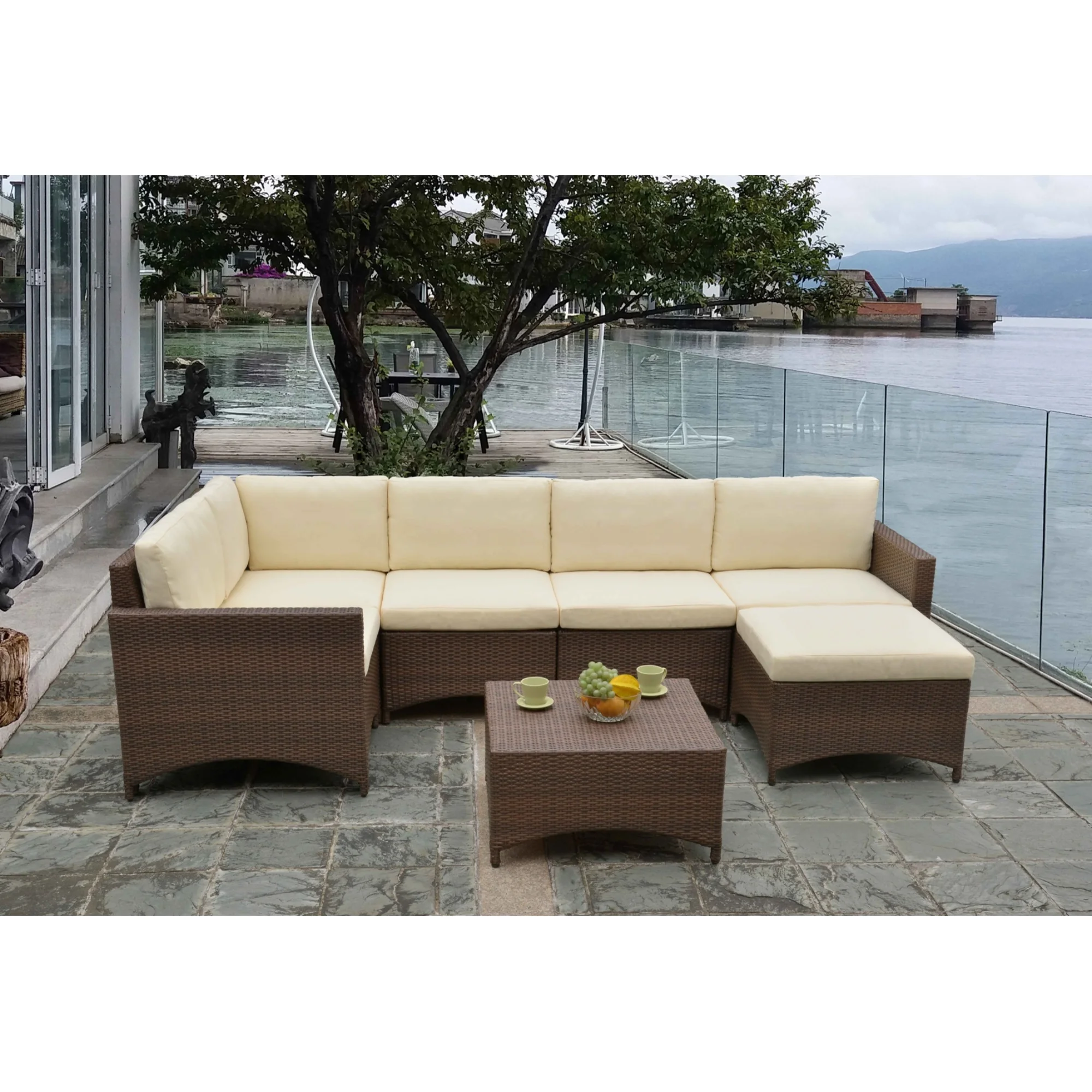 W Unlimited  Studio Shine Collection Modular Sectional Conversation Set with Ottoman - Dark Brown - Beige