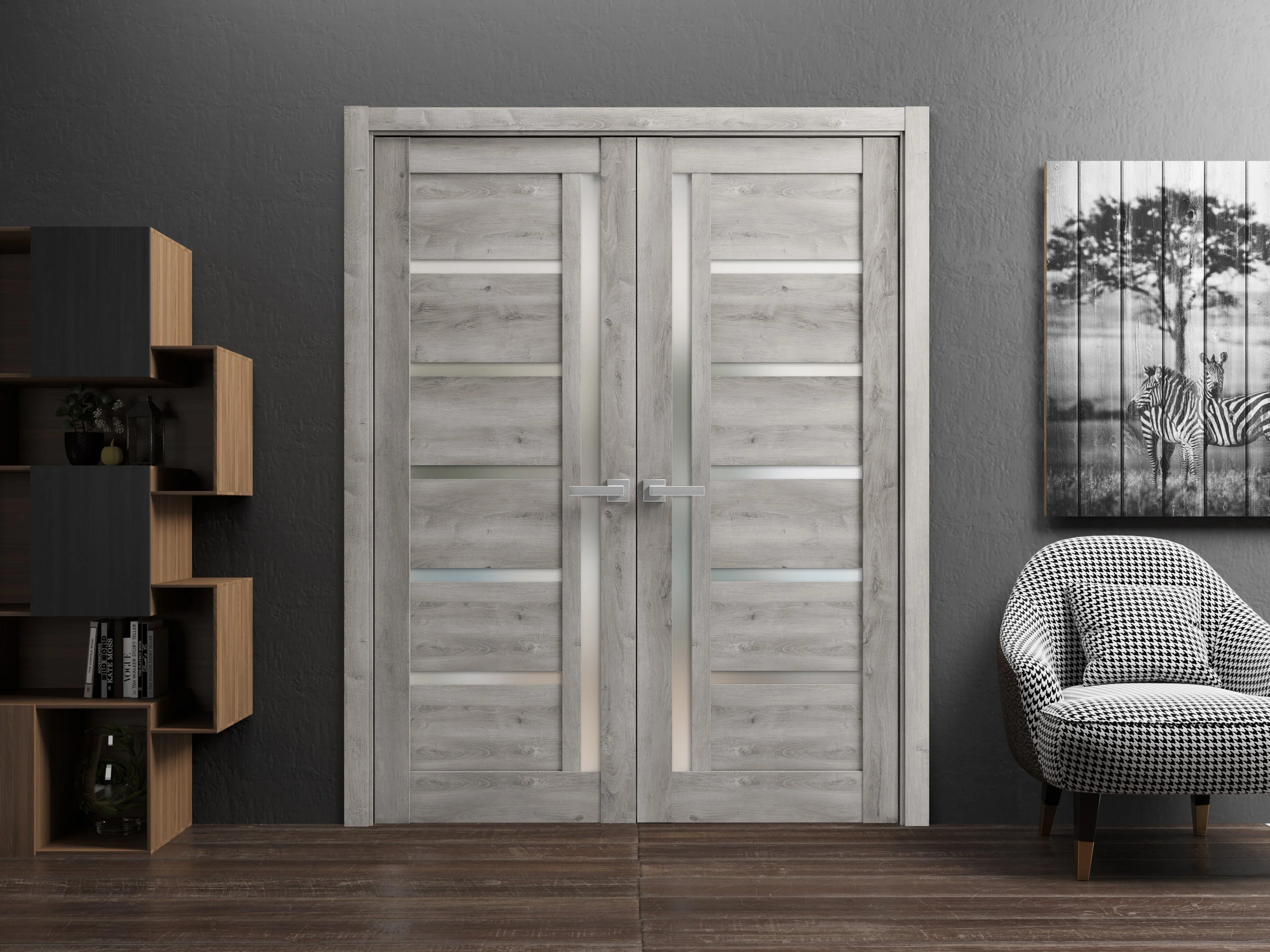 Solid French Double Doors 36 x 84 inches | Quadro 4088 Nebraska Grey with Frosted Glass | Wood Solid Panel Frame Trims | Closet Bedroom Sturdy Doors