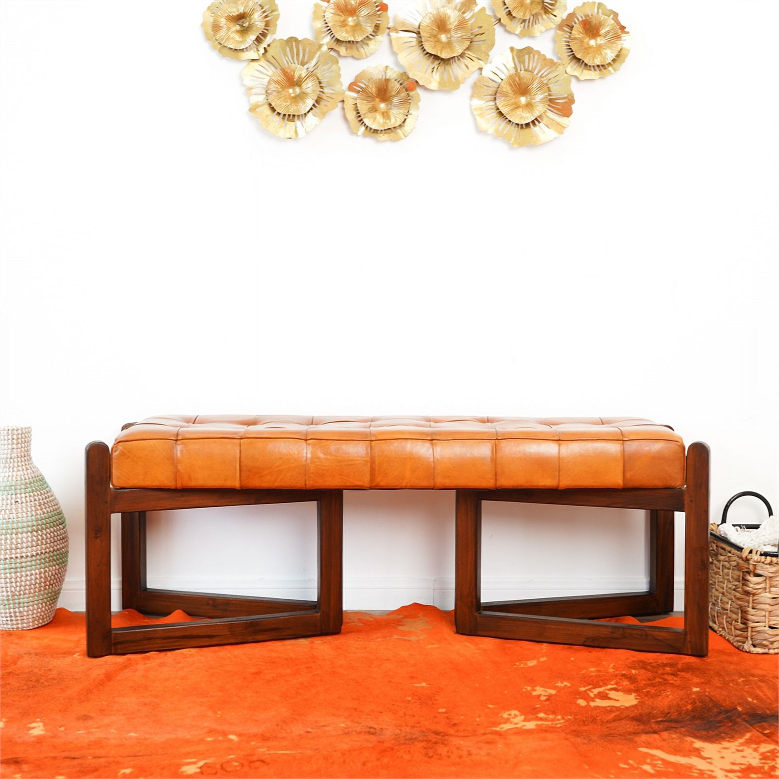 Pearland Mid-Century Modern Upholstered Leather Bench in Tan