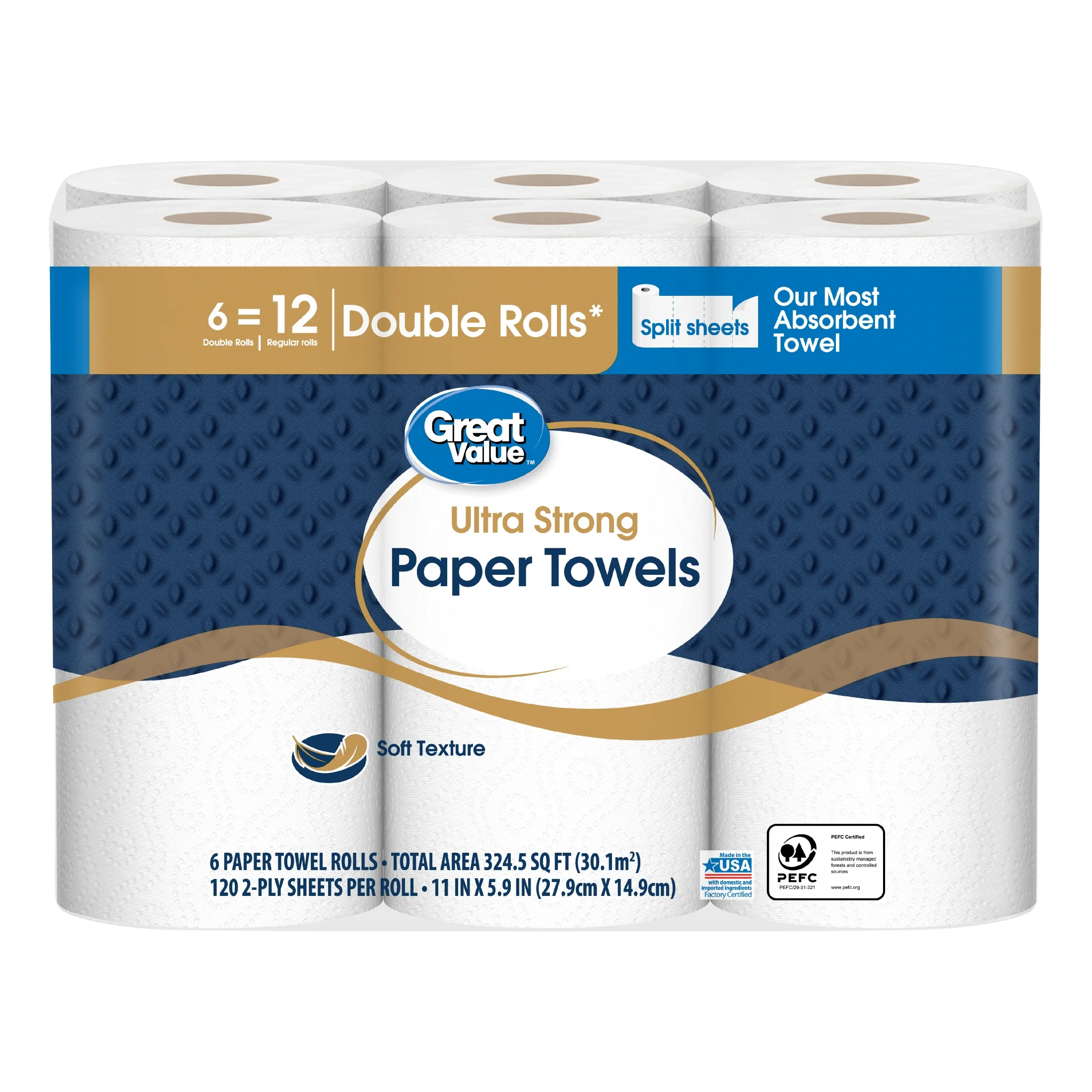 (4 pack) Great Value Ultra Strong Paper Towels, Split Sheets, 6 Double Rolls