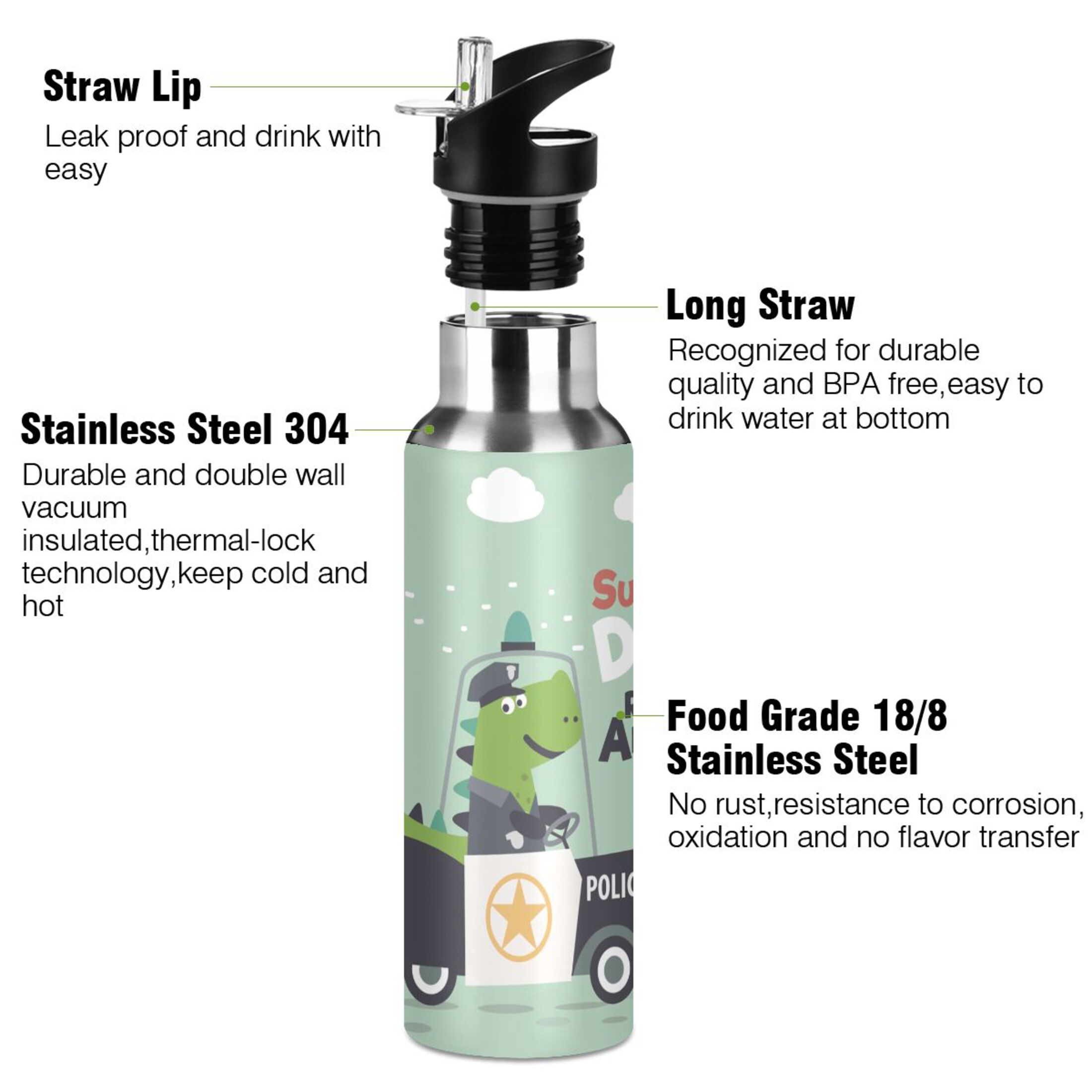 Stainless Steel Water Bottle Cute Dinosaur Riding Car with Straw Lid Vacuum Insulated Keeps Hot and Cold Leak Proof Flask Jug for Gym Travel Sports Cycling Outdoor 20 OZ