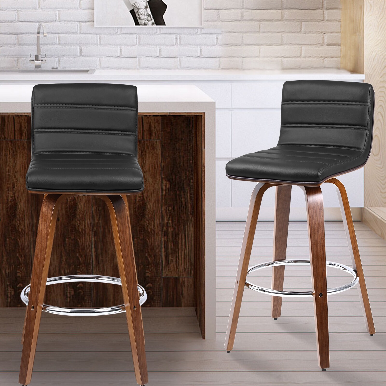 Lucky Monet Swivel Wood Bar Stools PU Leather Upholstered Counter Stools Set of 2 Black Total Height 39.4