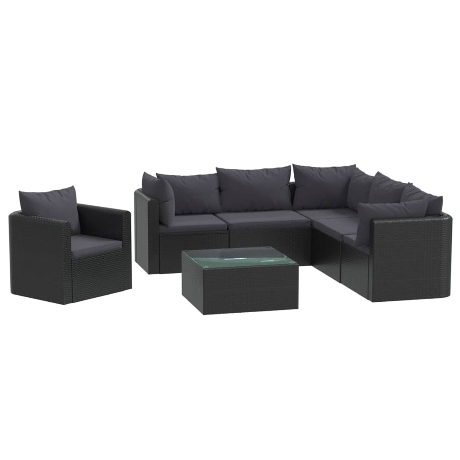 Anself 7 Piece Patio Lounge Set with Cushions 3 Corner Sofas, 2 Middle Sofa, Single Sofa, Coffee Table Conversation Set Poly Rattan Black Outdoor Sectional Sofa Set for Garden, Balcony, Yard, Deck