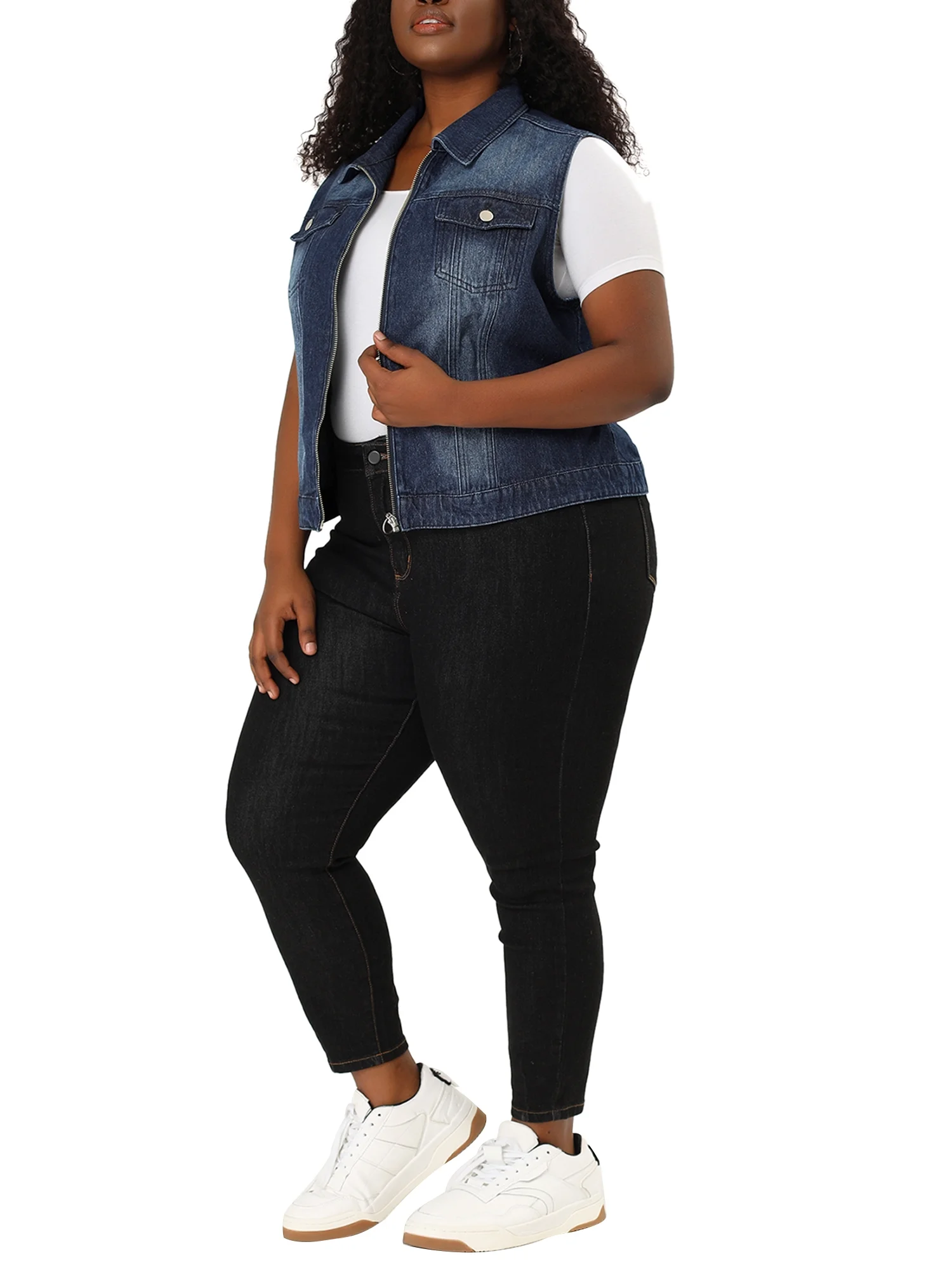 Agnes Orinda Women's Plus Size Trucker Zipper Front Sleeveless Denim Vest Jacket